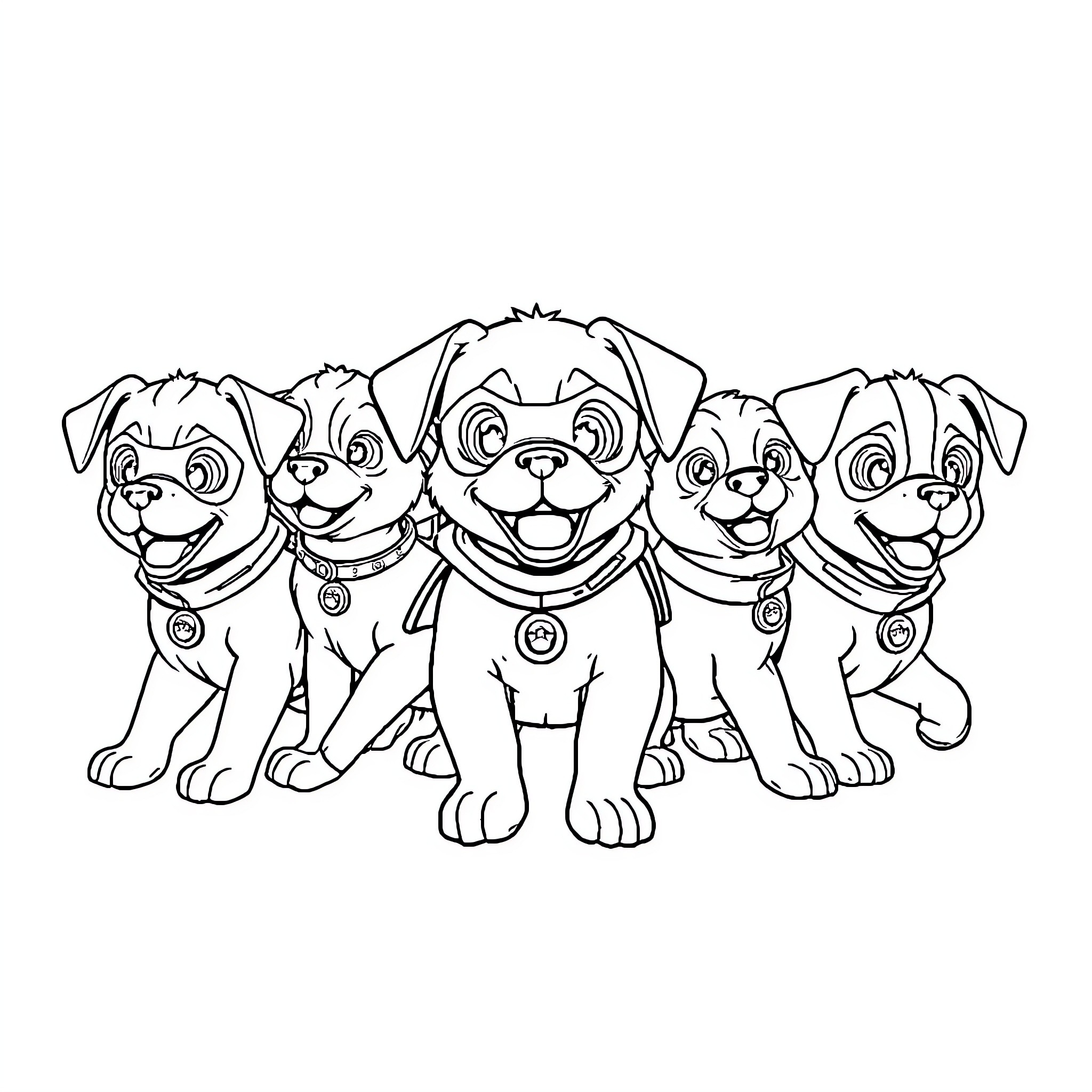Paw Patrol pups in action with happy expressions Coloring Page (free black-and-white line drawing printable PDF for all, from beginners to advanced learners, including children, teens, adults, and seniors)