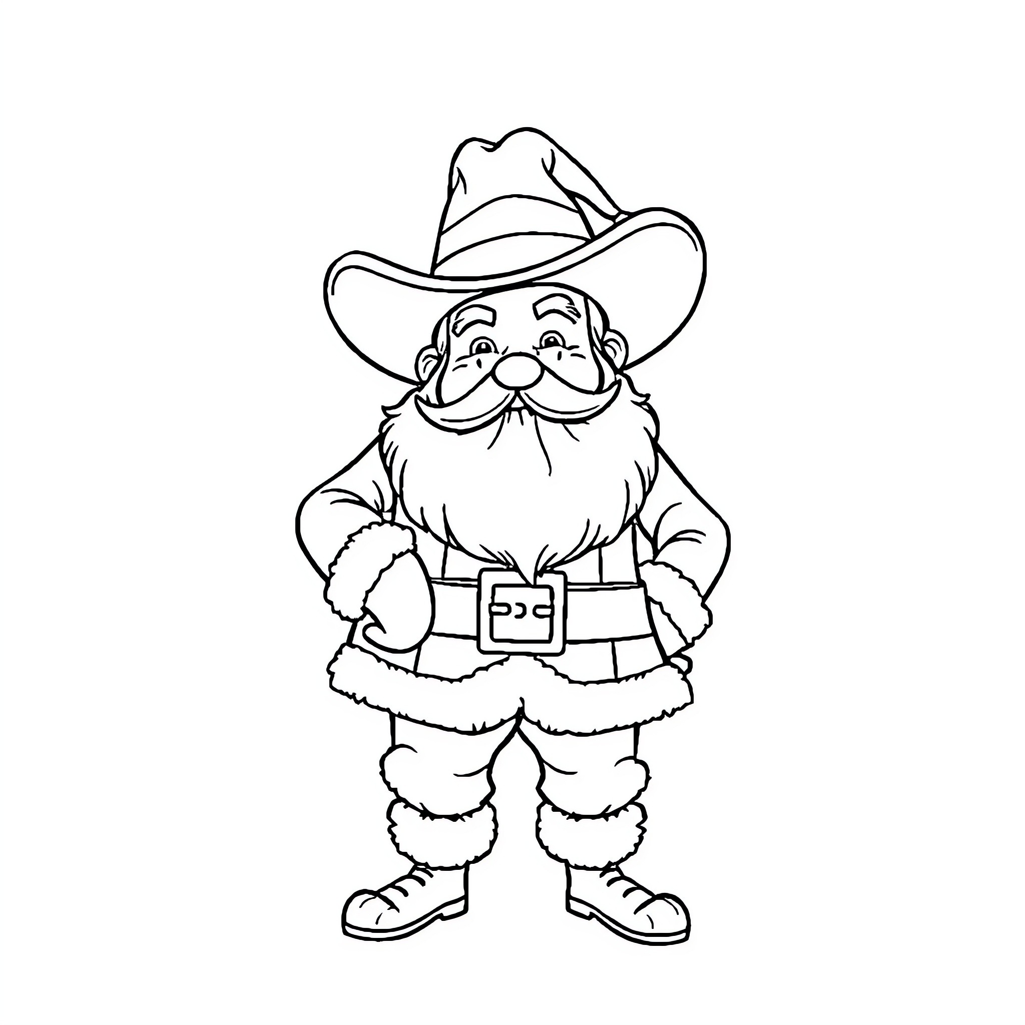 Santa Claus in Cowboy Hat Smiling Coloring Page (free black-and-white line drawing printable PDF for all, from beginners to advanced learners, including children, teens, adults, and seniors)