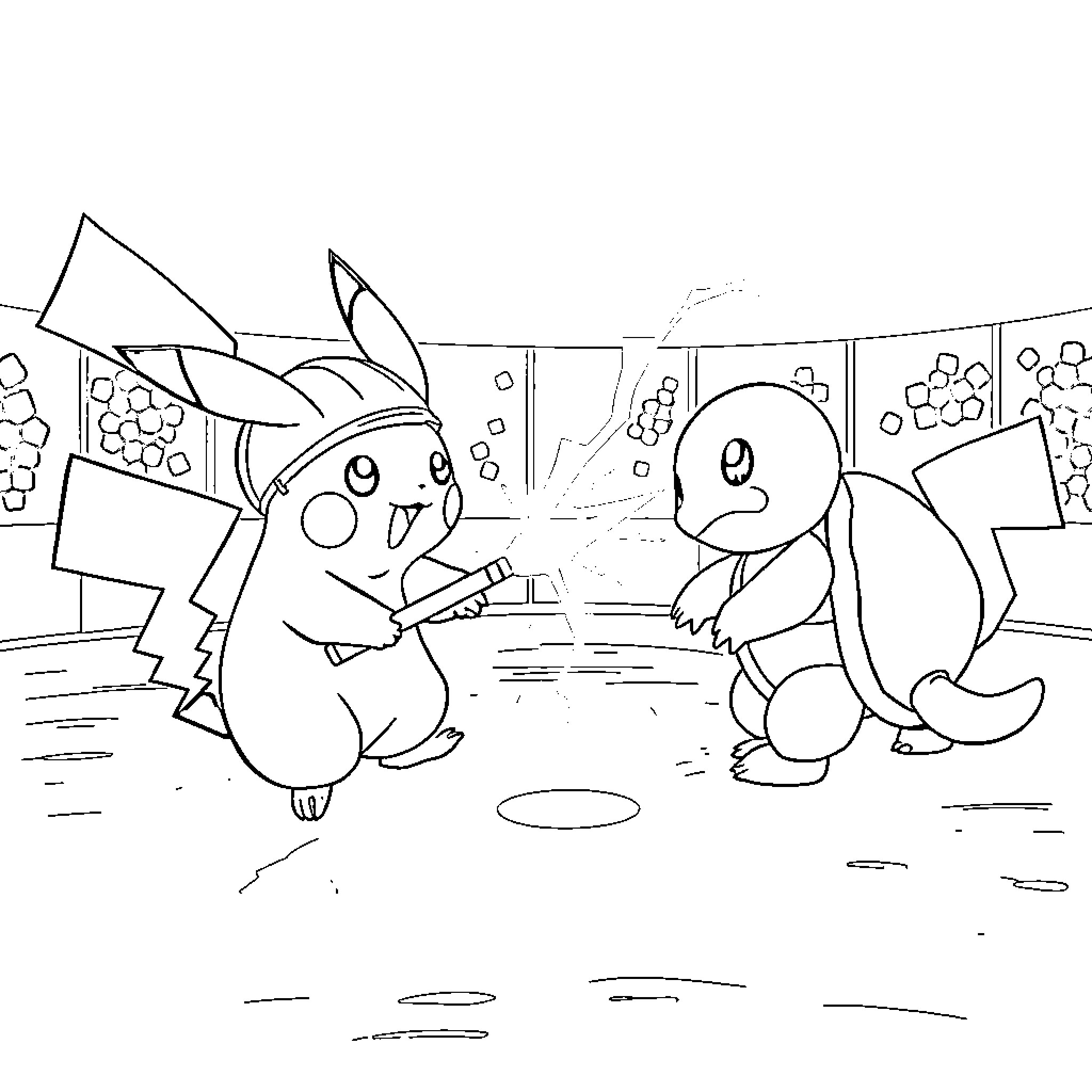 Pikachu and Charmander playing together Coloring Page (free black-and-white line drawing printable PDF for all, from beginners to advanced learners, including children, teens, adults, and seniors)