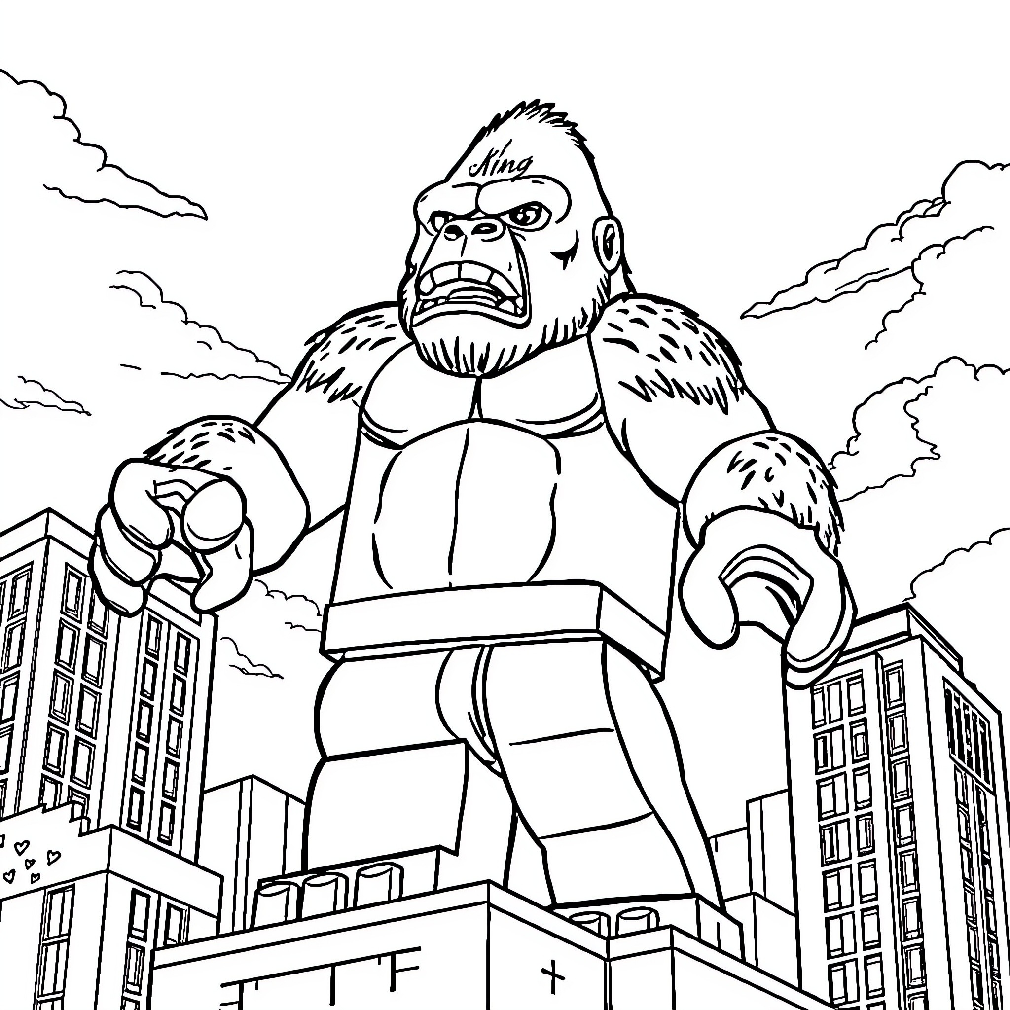 King Kong rampaging through the city skyline Coloring Page (free black-and-white line drawing printable PDF for all, from beginners to advanced learners, including children, teens, adults, and seniors)