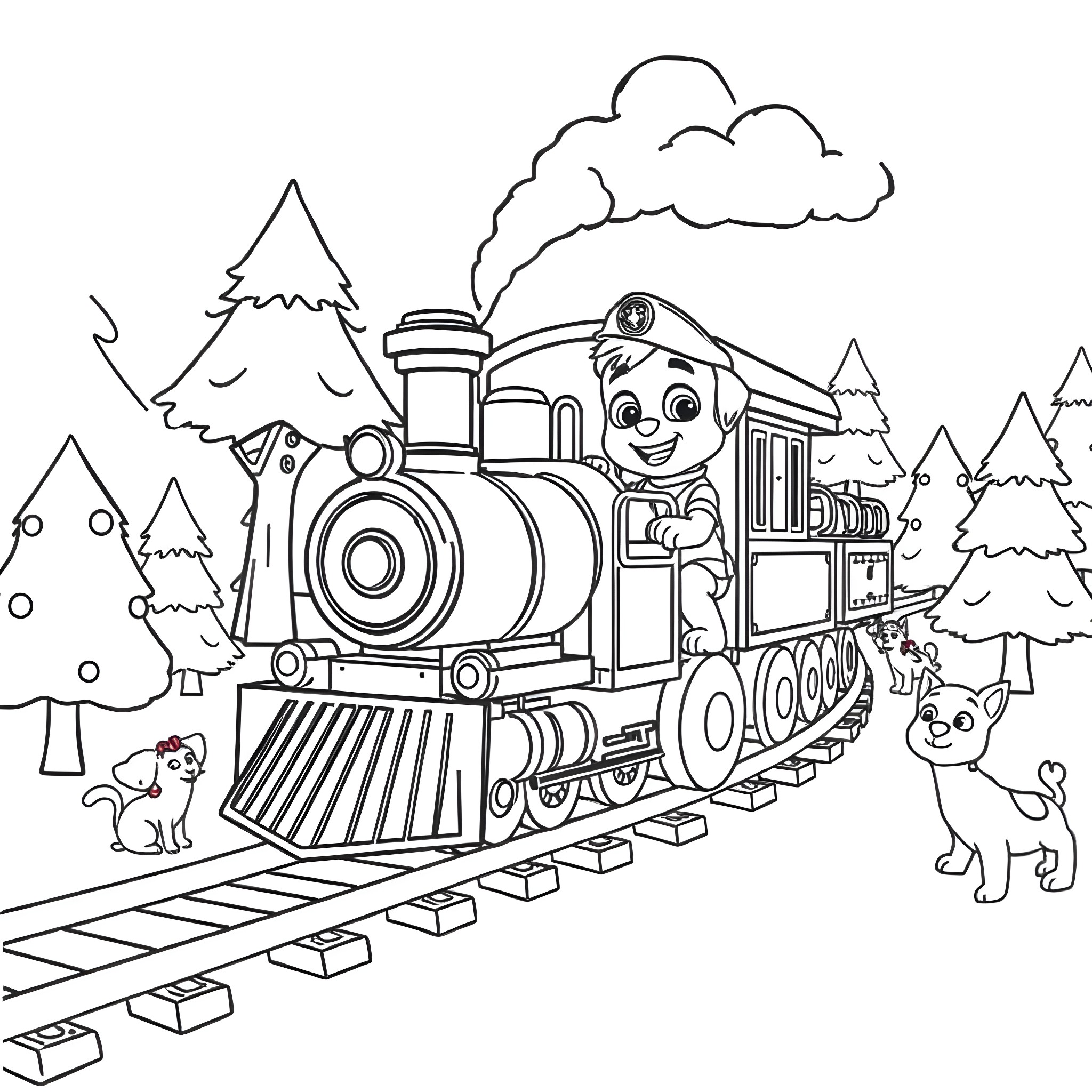 Marcus' Train Adventure in the Snowy Forest Coloring Page (free black-and-white line drawing printable PDF for all, from beginners to advanced learners, including children, teens, adults, and seniors)