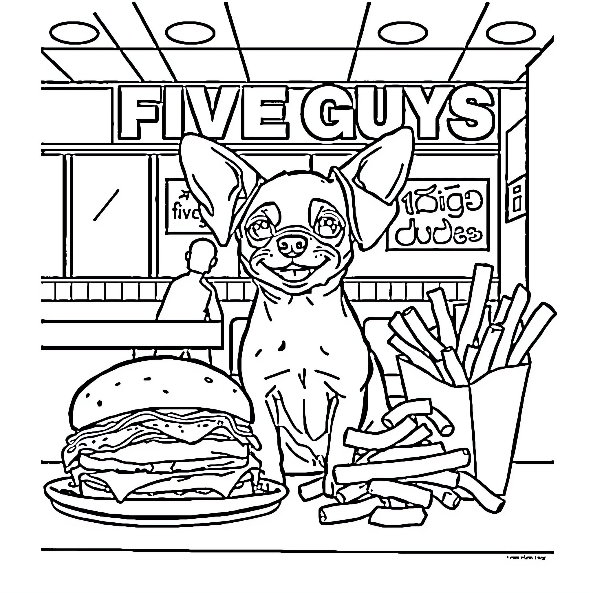 Dog playing near fast food restaurant Coloring Page (free black-and-white line drawing printable PDF for all, from beginners to advanced learners, including children, teens, adults, and seniors)