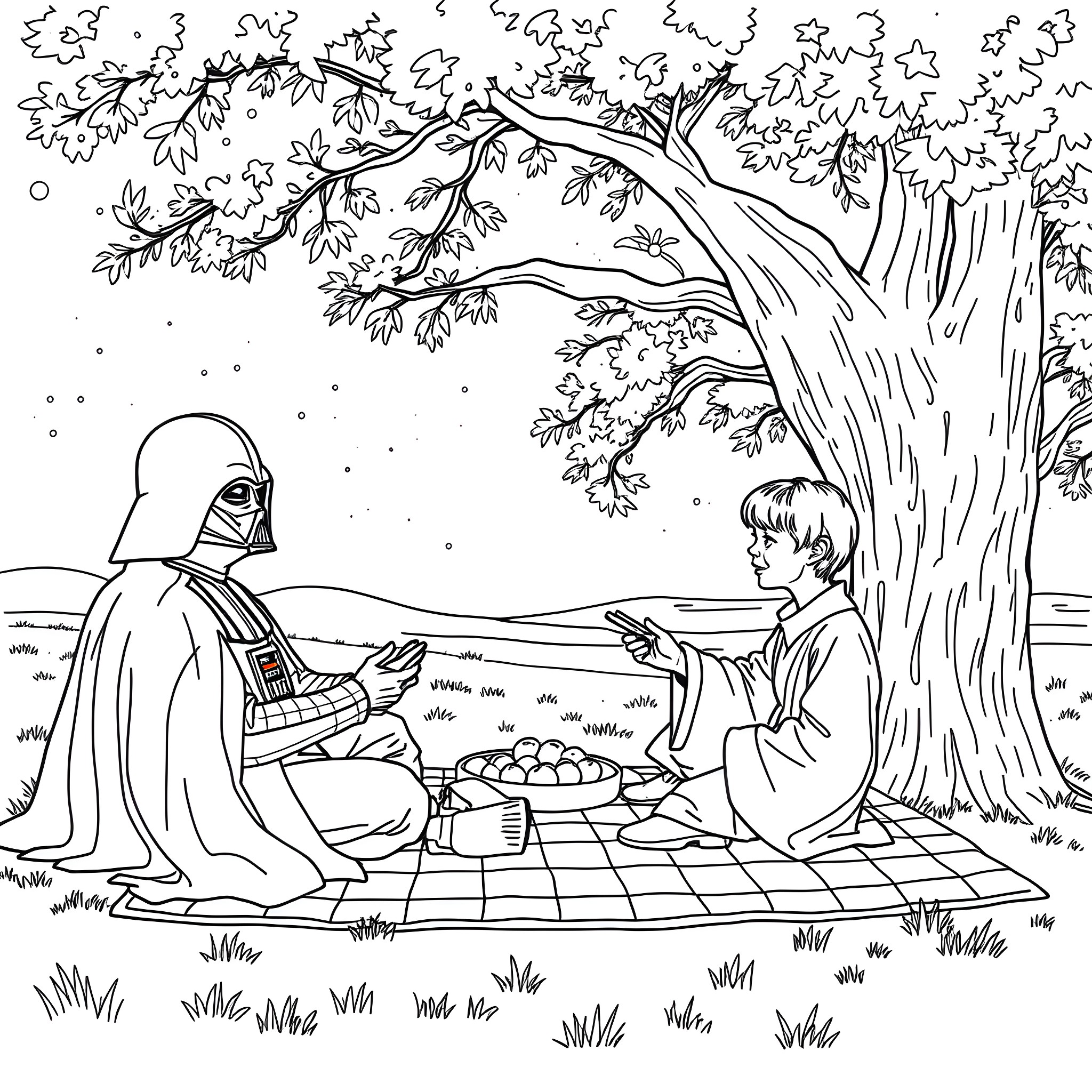 Darth Vader enjoys a picnic with a young companion Coloring Page (free black-and-white line drawing printable PDF for all, from beginners to advanced learners, including children, teens, adults, and seniors)