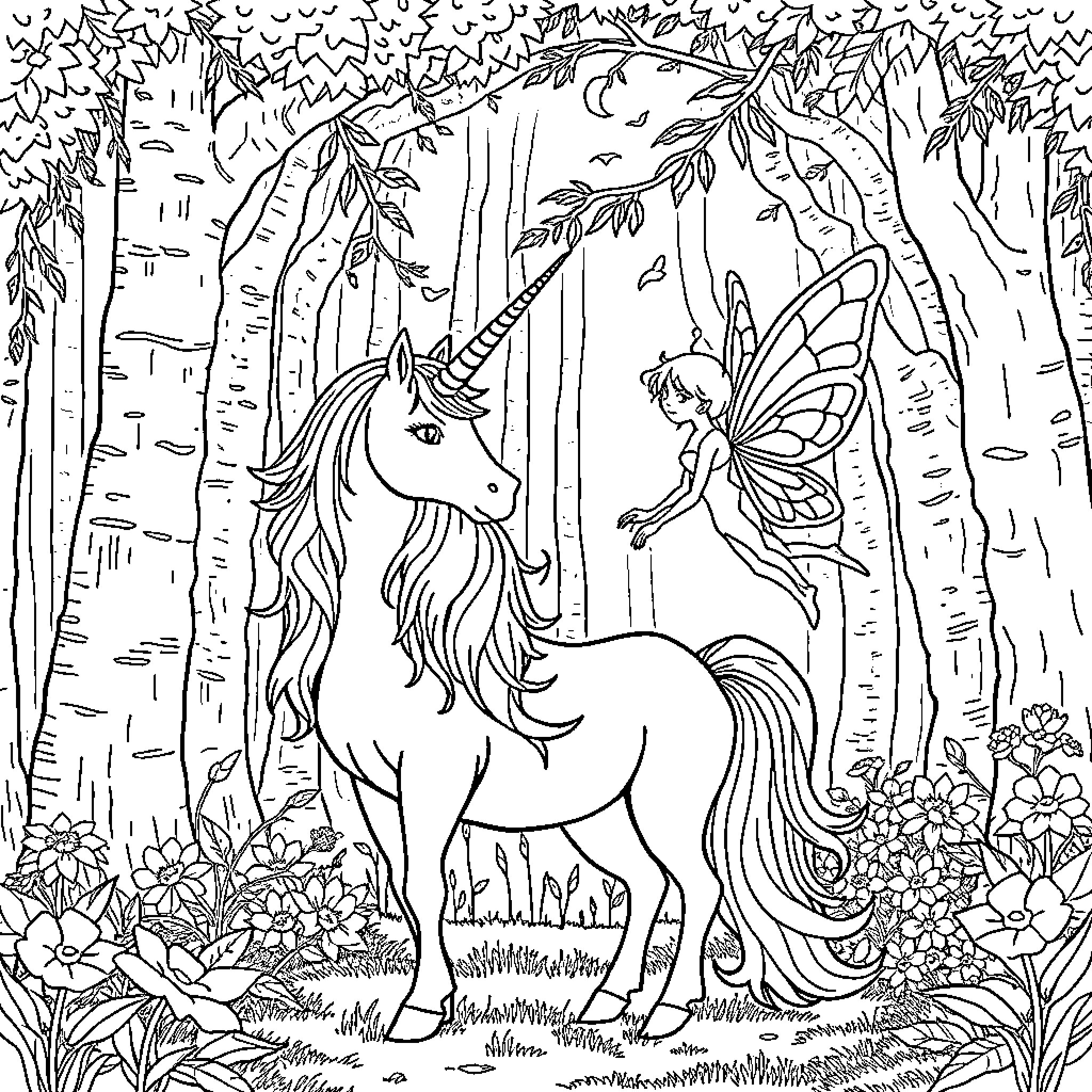 Unicorn and Fairy in Enchanted Forest Coloring Page (free black-and-white line drawing printable PDF for all, from beginners to advanced learners, including children, teens, adults, and seniors)