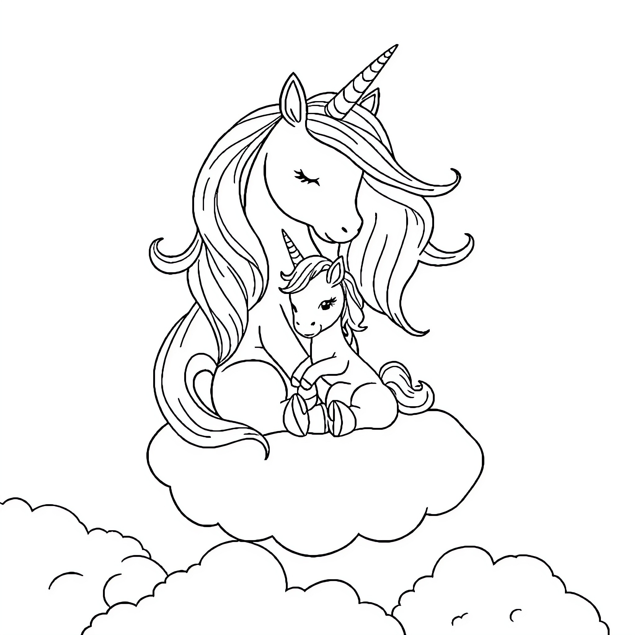 Unicorn Mother and Baby on Cloud Coloring Page (free black-and-white line drawing printable PDF for all, from beginners to advanced learners, including children, teens, adults, and seniors)