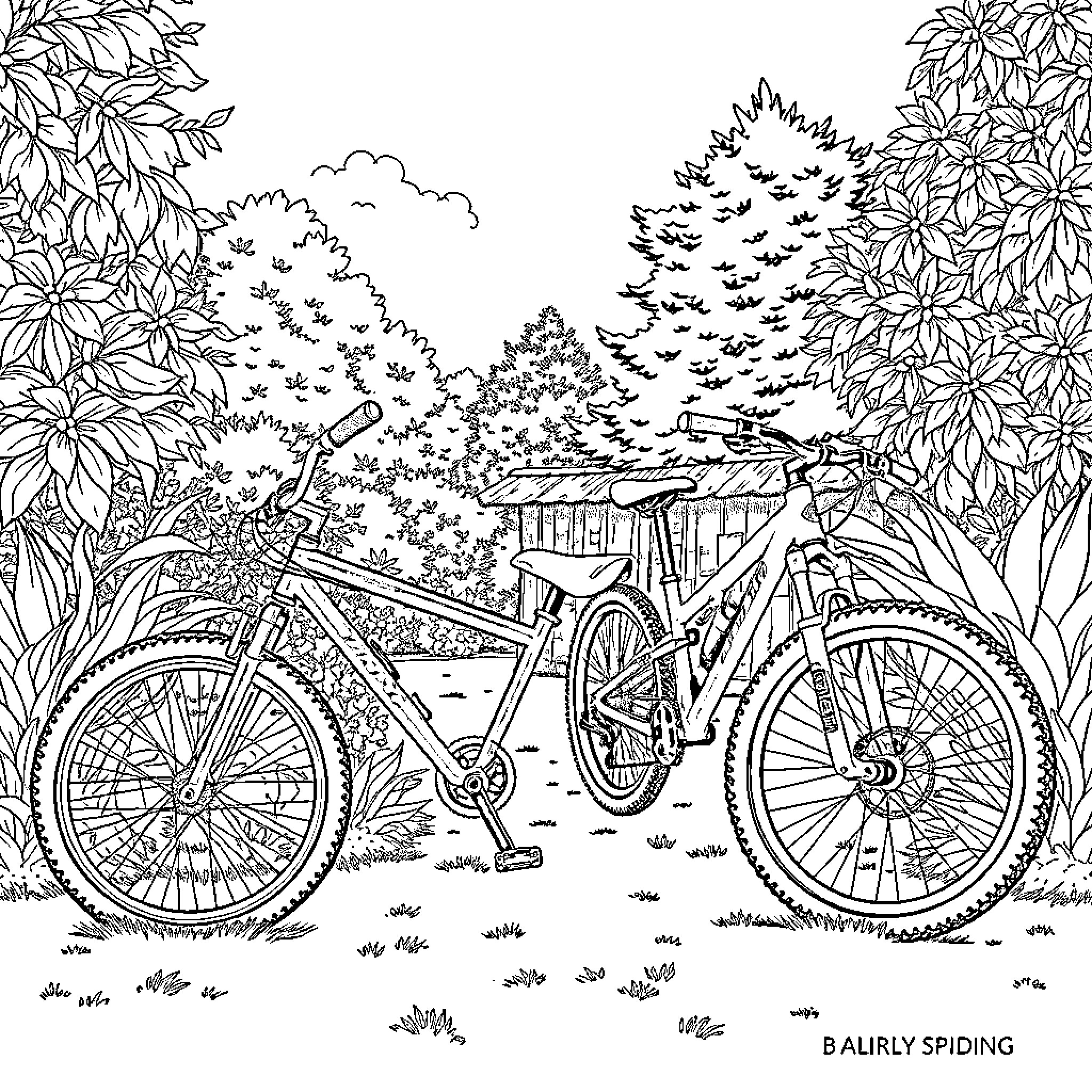Bicycle parked in serene woodland scenery Coloring Page (free black-and-white line drawing printable PDF for all, from beginners to advanced learners, including children, teens, adults, and seniors)