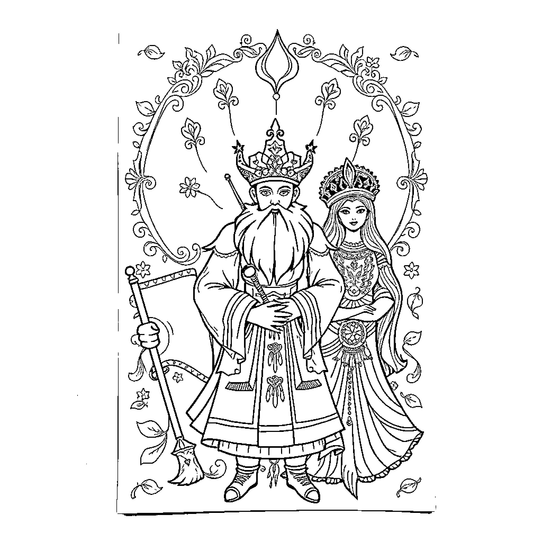 Paper Cutting of Ornate Figures in Traditional Outfits Coloring Page (free black-and-white line drawing printable PDF for all, from beginners to advanced learners, including children, teens, adults, and seniors)