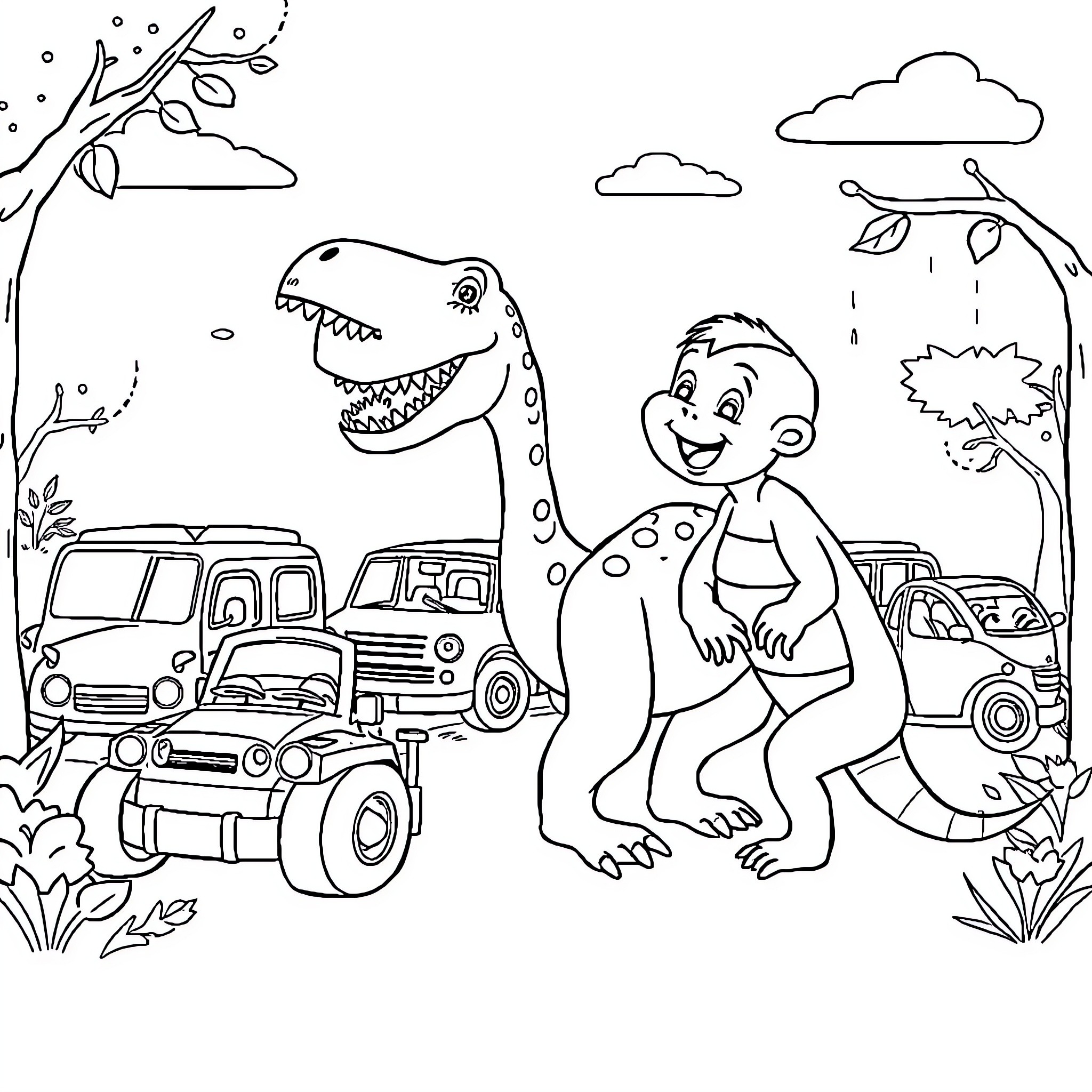 Dino friends exploring the outdoors adventure Coloring Page (free black-and-white line drawing printable PDF for all, from beginners to advanced learners, including children, teens, adults, and seniors)