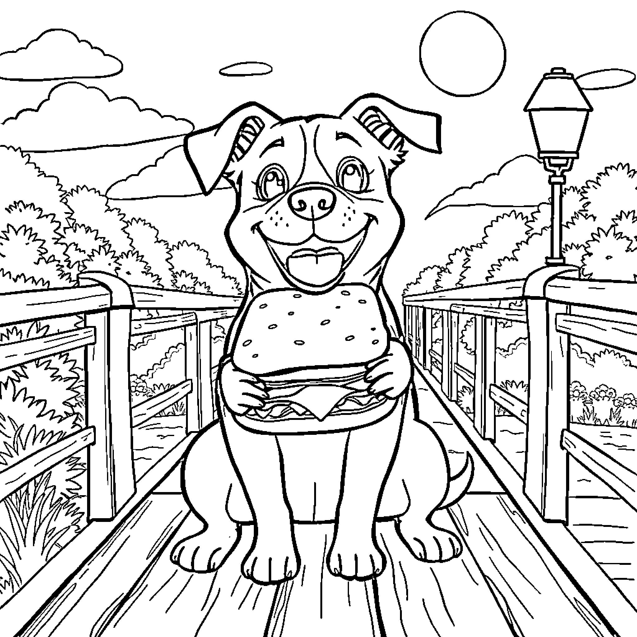 Dog Eating a Hamburger on a Boardwalk Coloring Page (free black-and-white line drawing printable PDF for all, from beginners to advanced learners, including children, teens, adults, and seniors)