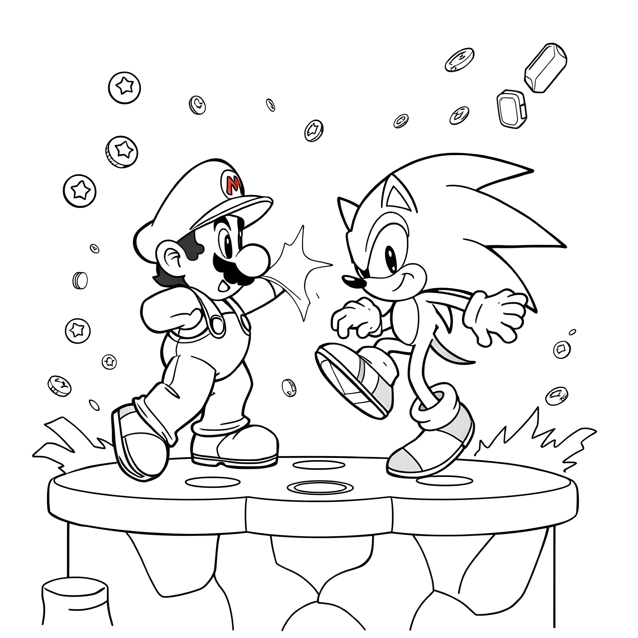 Mario and Sonic in an Animated Adventure Coloring Page (free black-and-white line drawing printable PDF for all, from beginners to advanced learners, including children, teens, adults, and seniors)