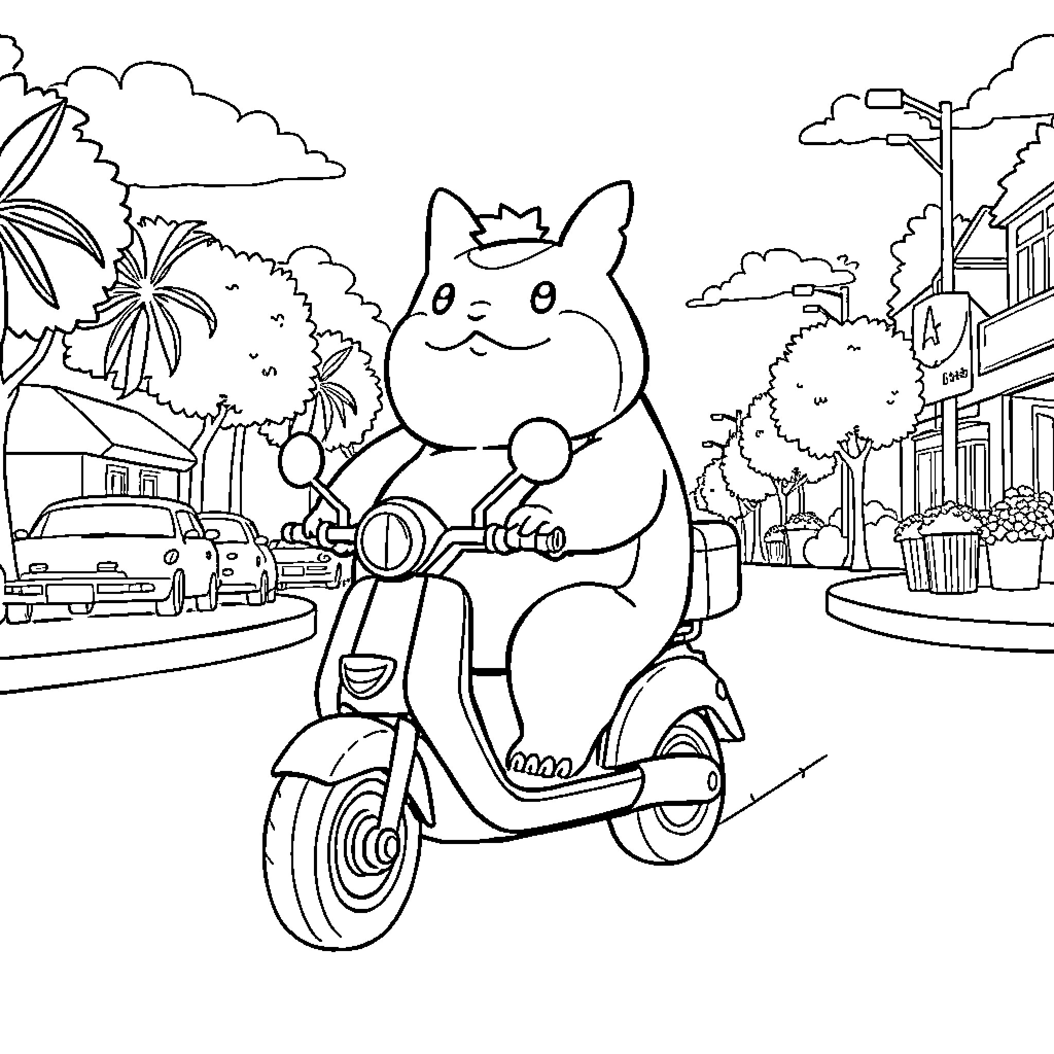 Snorlax cruising the city streets on a scooter Coloring Page (free black-and-white line drawing printable PDF for all, from beginners to advanced learners, including children, teens, adults, and seniors)