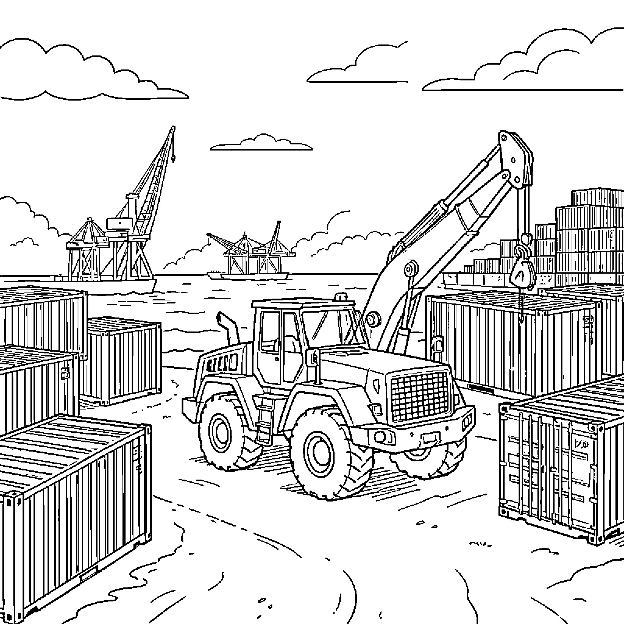 Construction Vehicle Transporting Cargo at Shipyard Coloring Page (free black-and-white line drawing printable PDF for all, from beginners to advanced learners, including children, teens, adults, and seniors)