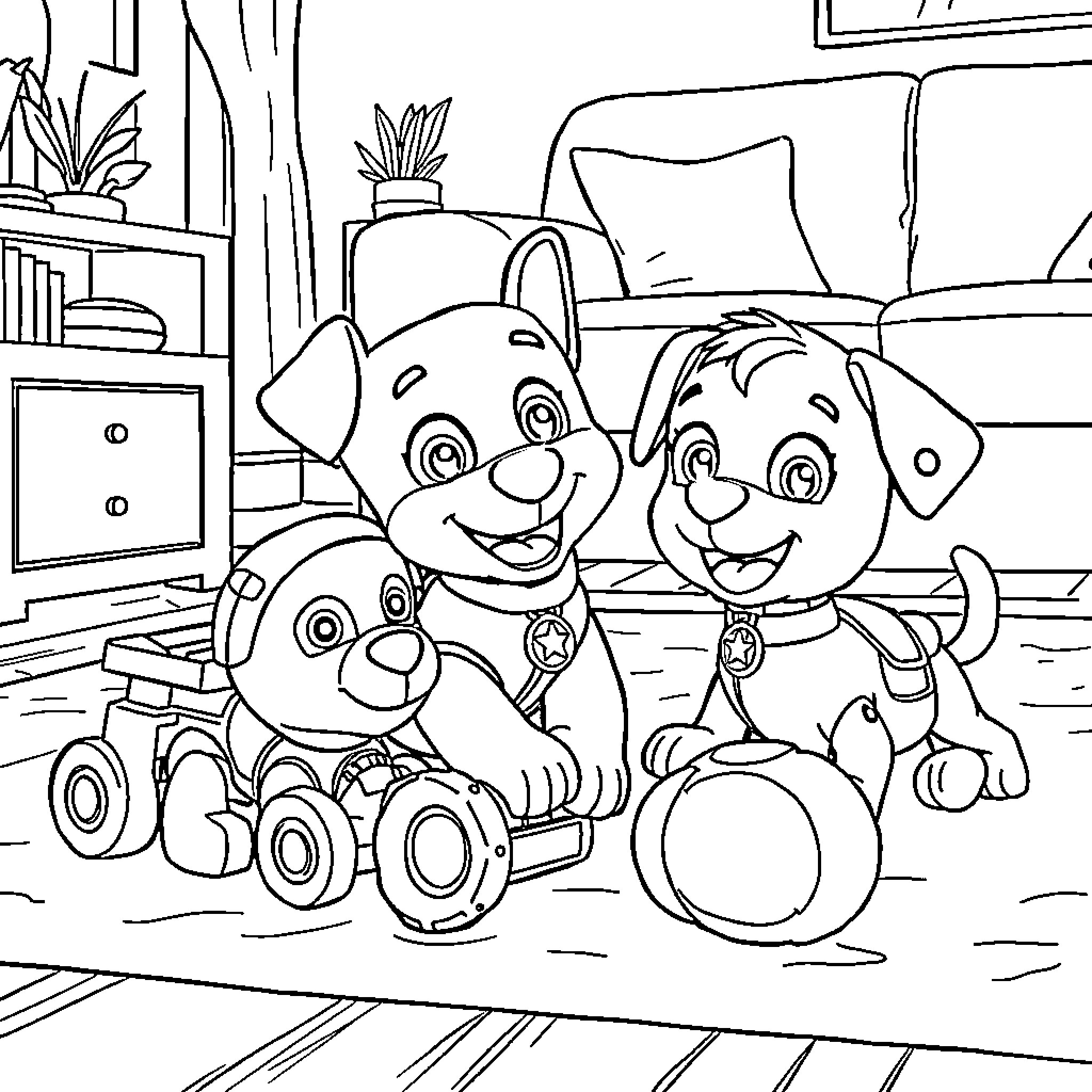 Bluey and friends playing in the living room Coloring Page (free black-and-white line drawing printable PDF for all, from beginners to advanced learners, including children, teens, adults, and seniors)