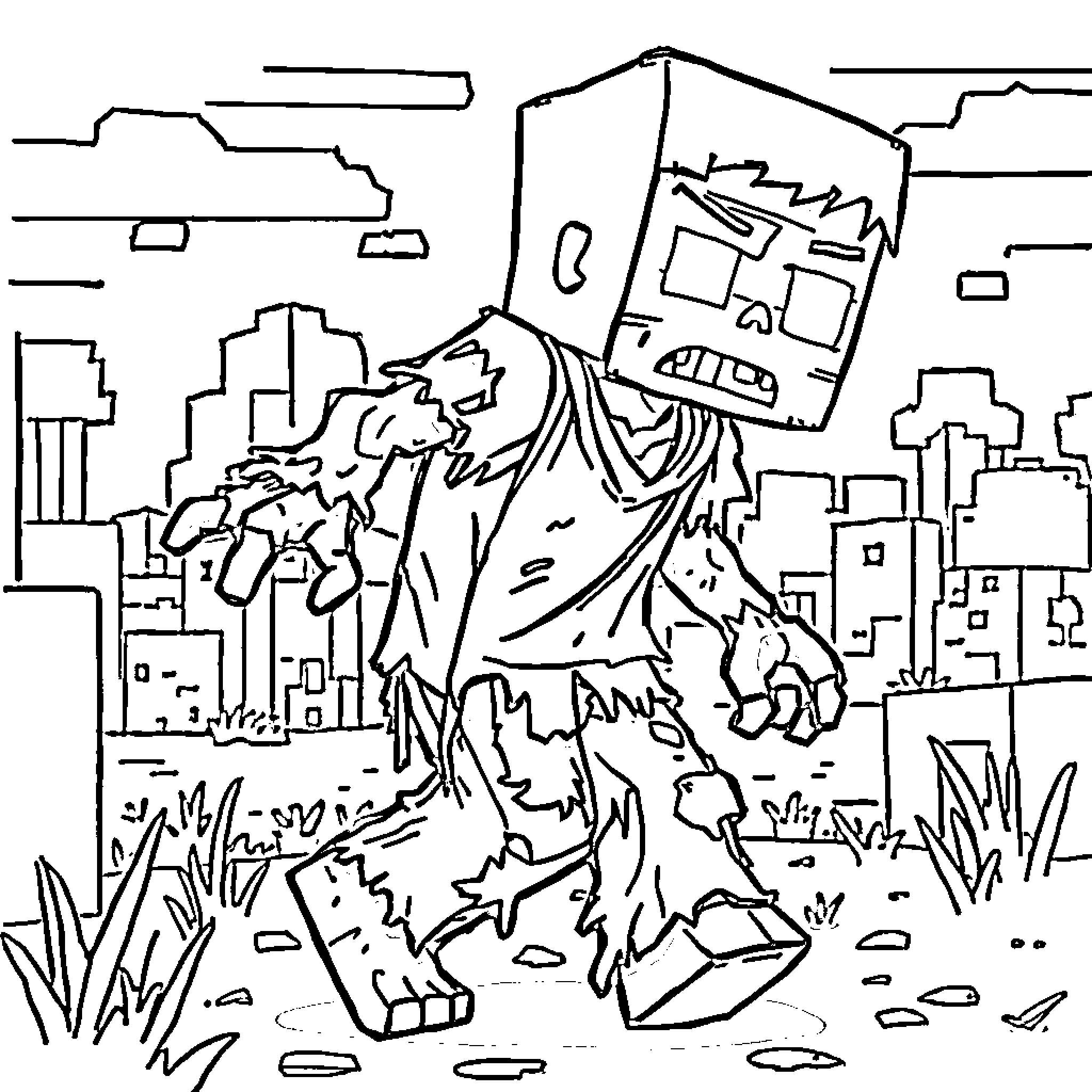 Minecraft Zombie lurching through an urban landscape Coloring Page (free black-and-white line drawing printable PDF for all, from beginners to advanced learners, including children, teens, adults, and seniors)