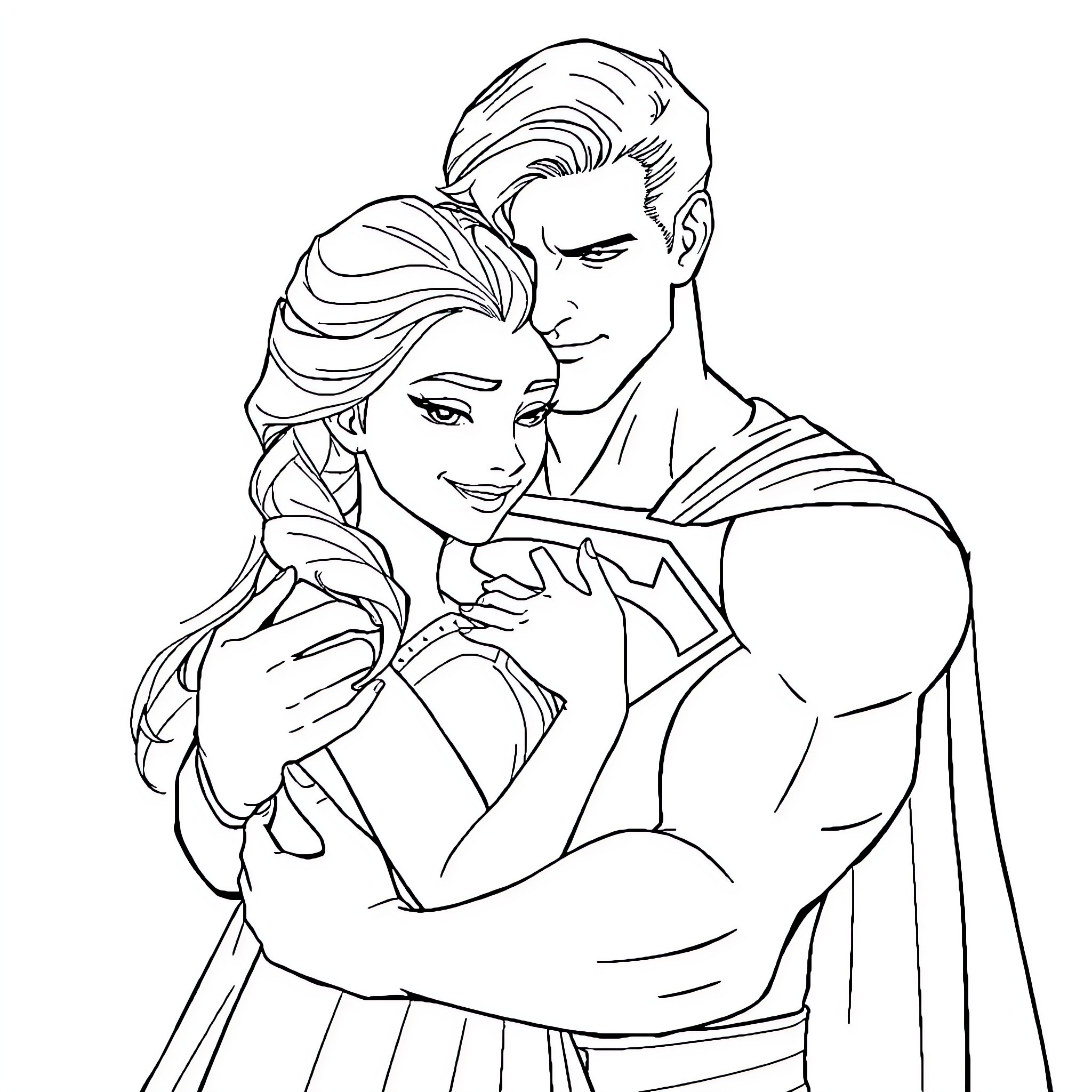 Superman embracing a woman in a romantic scene Coloring Page (free black-and-white line drawing printable PDF for all, from beginners to advanced learners, including children, teens, adults, and seniors)