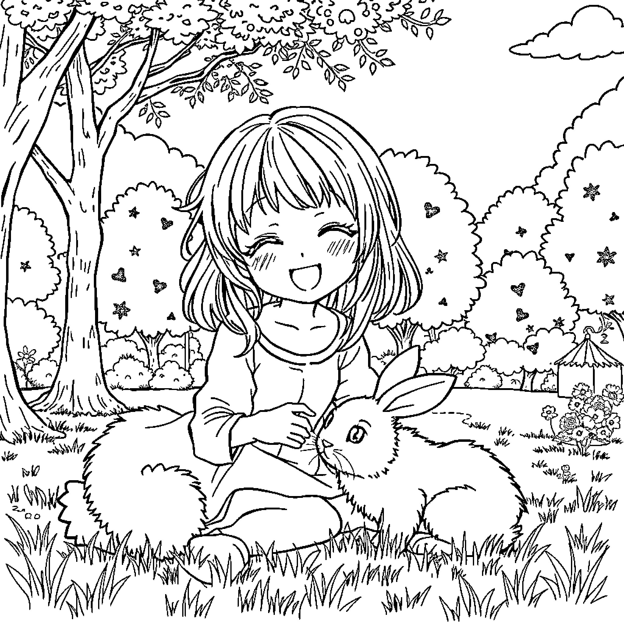 Anime Girl Happily Playing with Bunny in Enchanted Forest Coloring Page (free black-and-white line drawing printable PDF for all, from beginners to advanced learners, including children, teens, adults, and seniors)