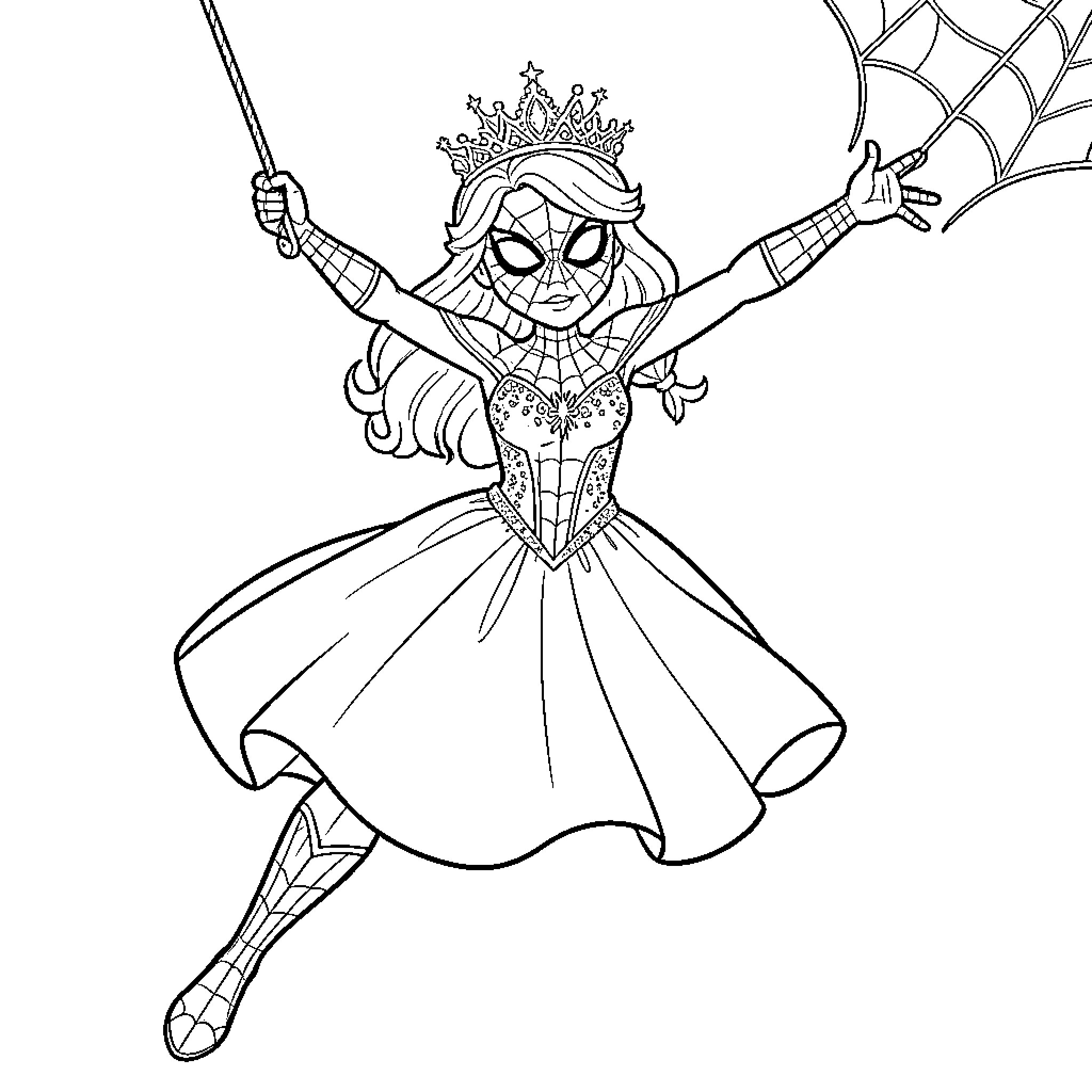Spiderman Princess Costume and Webbing Coloring Page (free black-and-white line drawing printable PDF for all, from beginners to advanced learners, including children, teens, adults, and seniors)