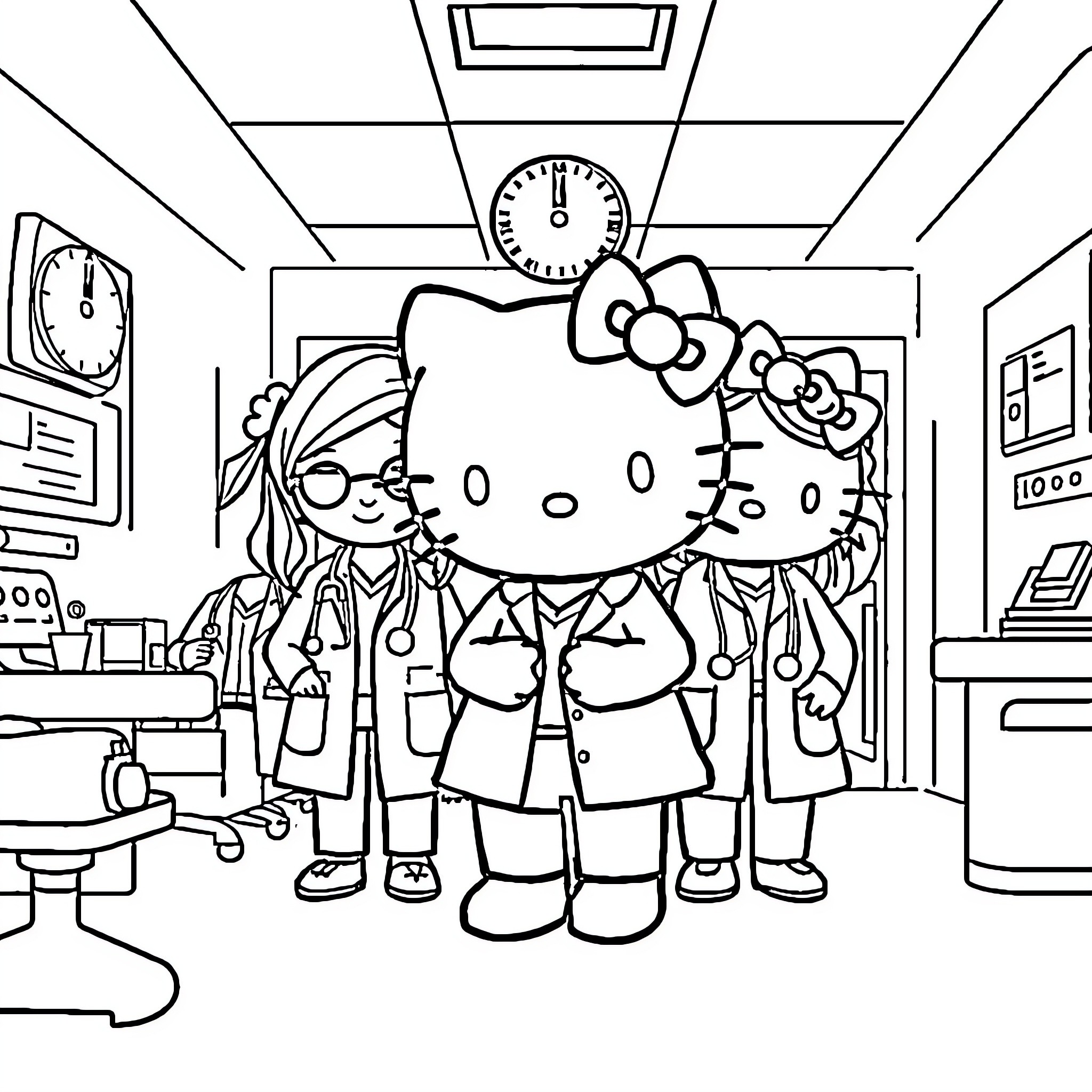 Hello Kitty and Friends in the Medical Office Coloring Page (free black-and-white line drawing printable PDF for all, from beginners to advanced learners, including children, teens, adults, and seniors)