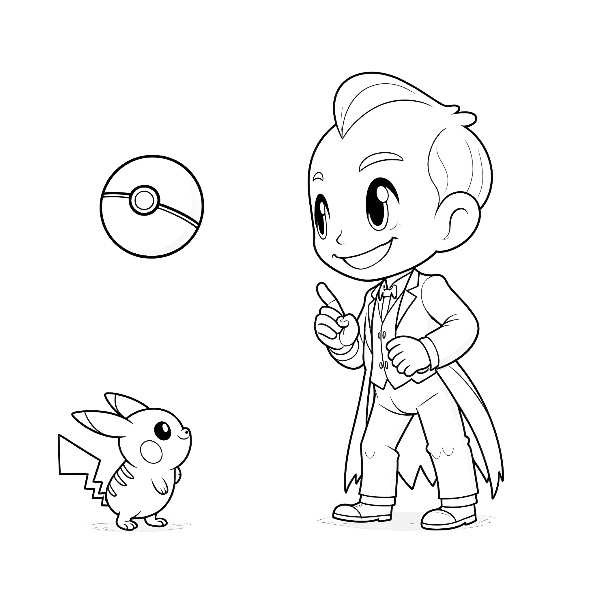 Joker character and a Pikachu in black and white Coloring Page (free black-and-white line drawing printable PDF for all, from beginners to advanced learners, including children, teens, adults, and seniors)