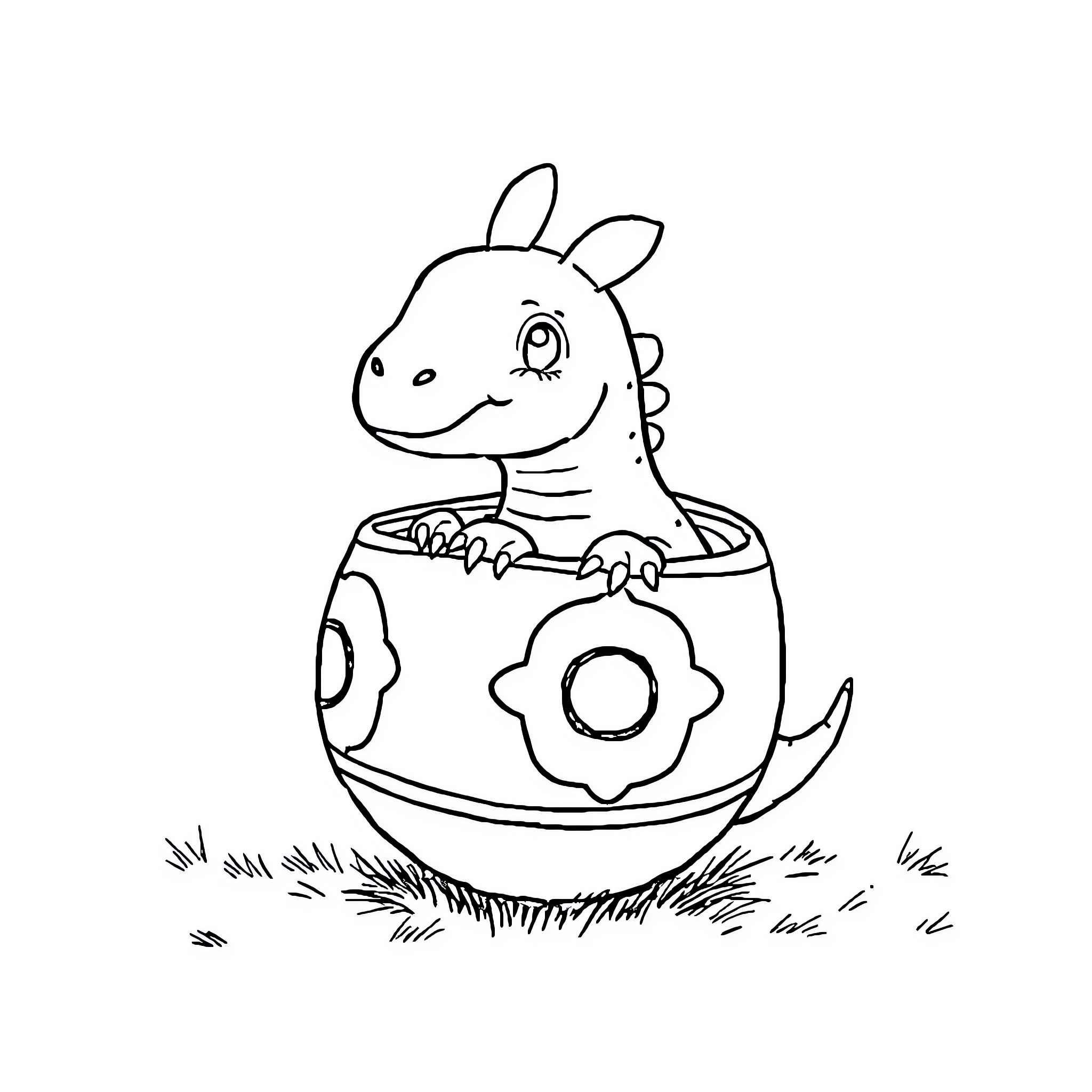 Babydino peeking out from flower pot Coloring Page (free black-and-white line drawing printable PDF for all, from beginners to advanced learners, including children, teens, adults, and seniors)