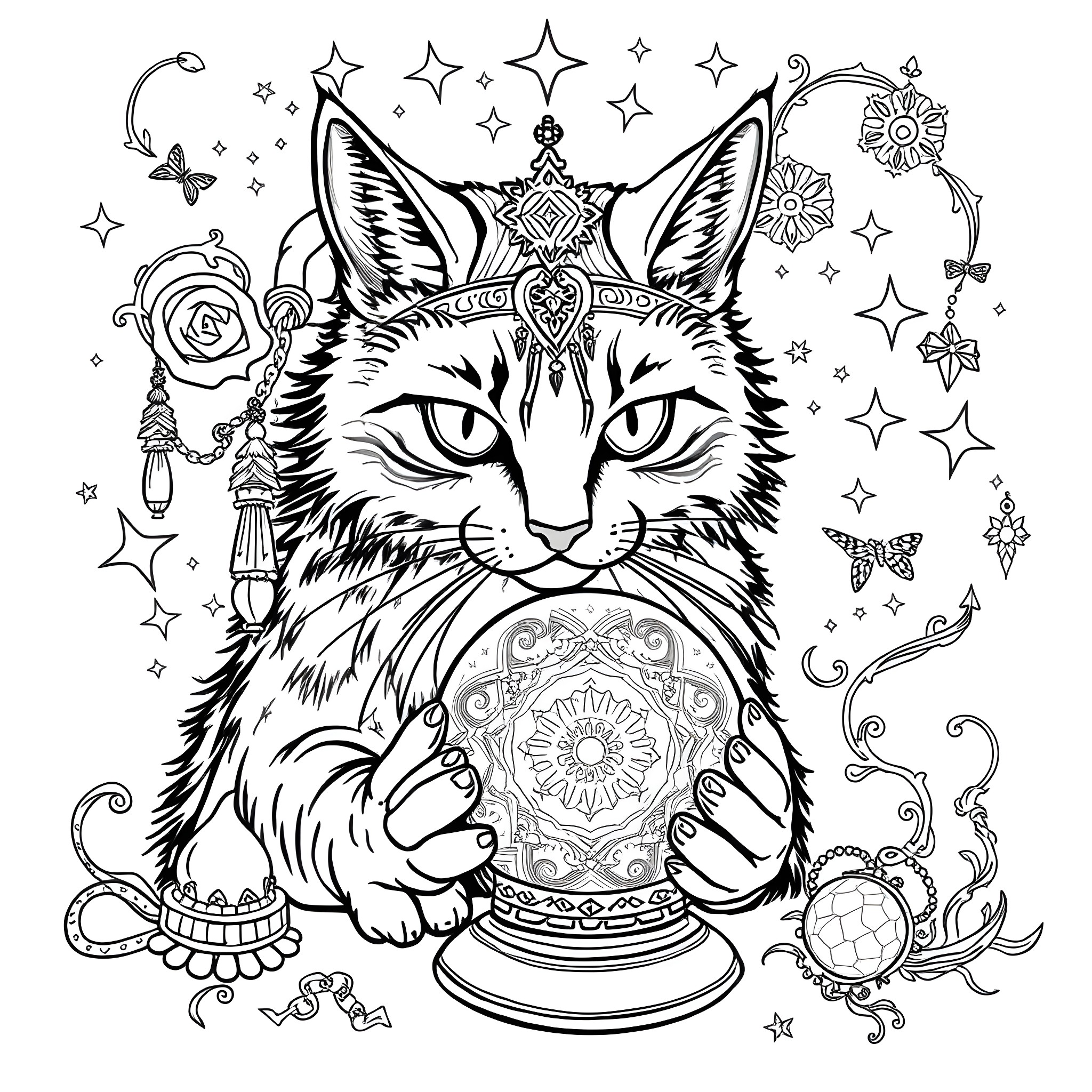 Cat gazing intently at a crystal ball Coloring Page (free black-and-white line drawing printable PDF for all, from beginners to advanced learners, including children, teens, adults, and seniors)