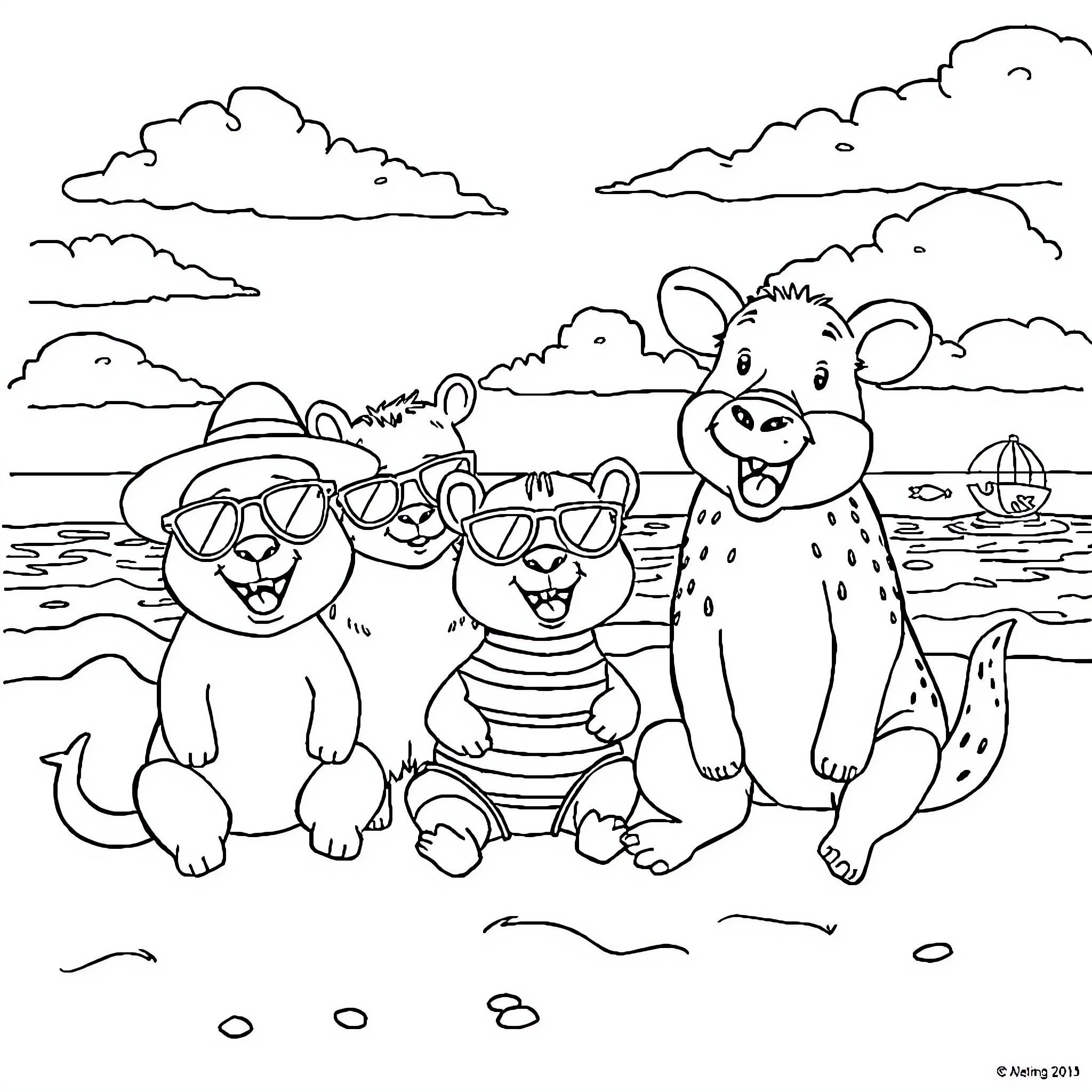 Animal friends enjoying a day at the beach Coloring Page (free black-and-white line drawing printable PDF for all, from beginners to advanced learners, including children, teens, adults, and seniors)