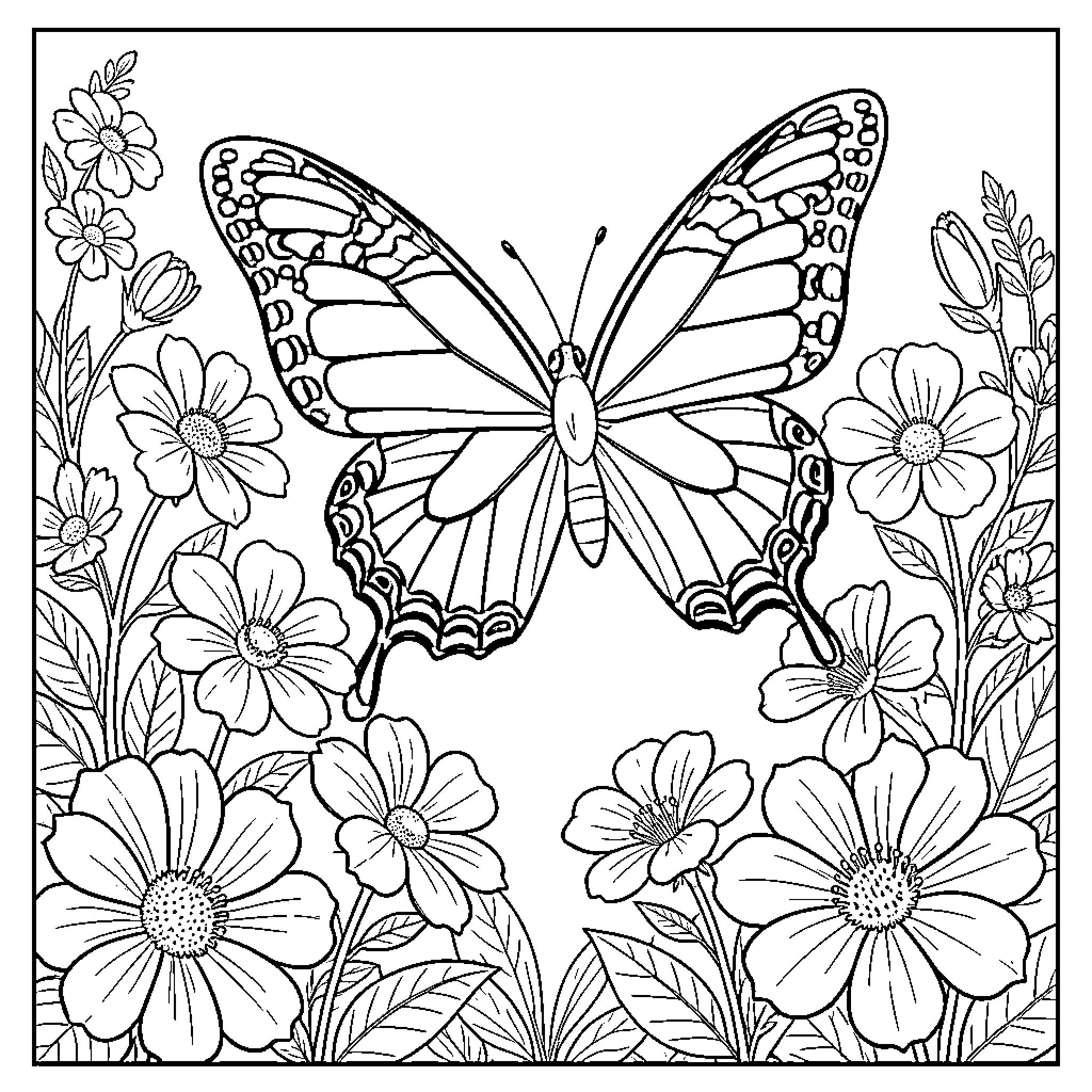 Butterfly among intricate floral designs Coloring Page (free black-and-white line drawing printable PDF for all, from beginners to advanced learners, including children, teens, adults, and seniors)