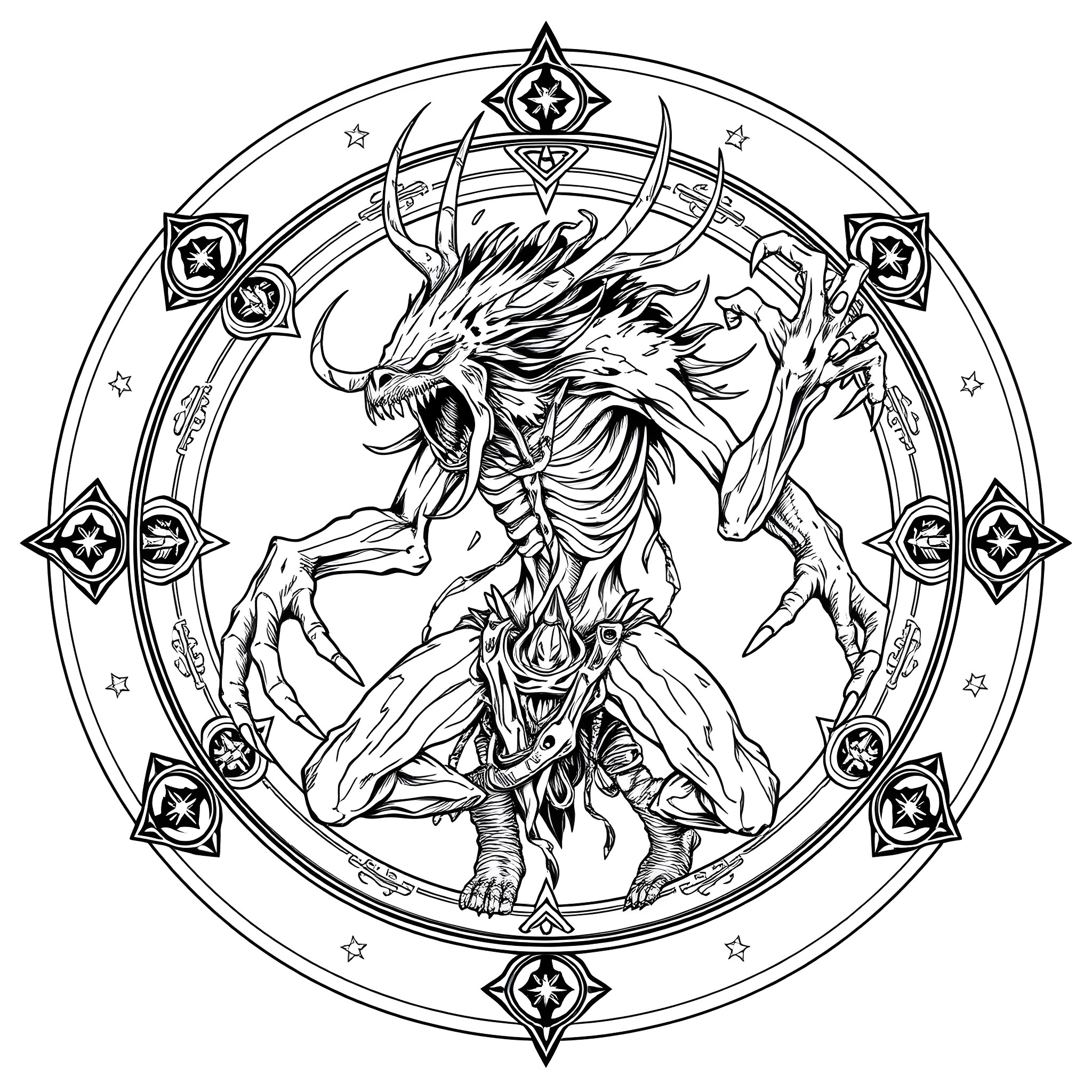 Wendigo Creature in Demonic Ritual Circle Coloring Page (free black-and-white line drawing printable PDF for all, from beginners to advanced learners, including children, teens, adults, and seniors)