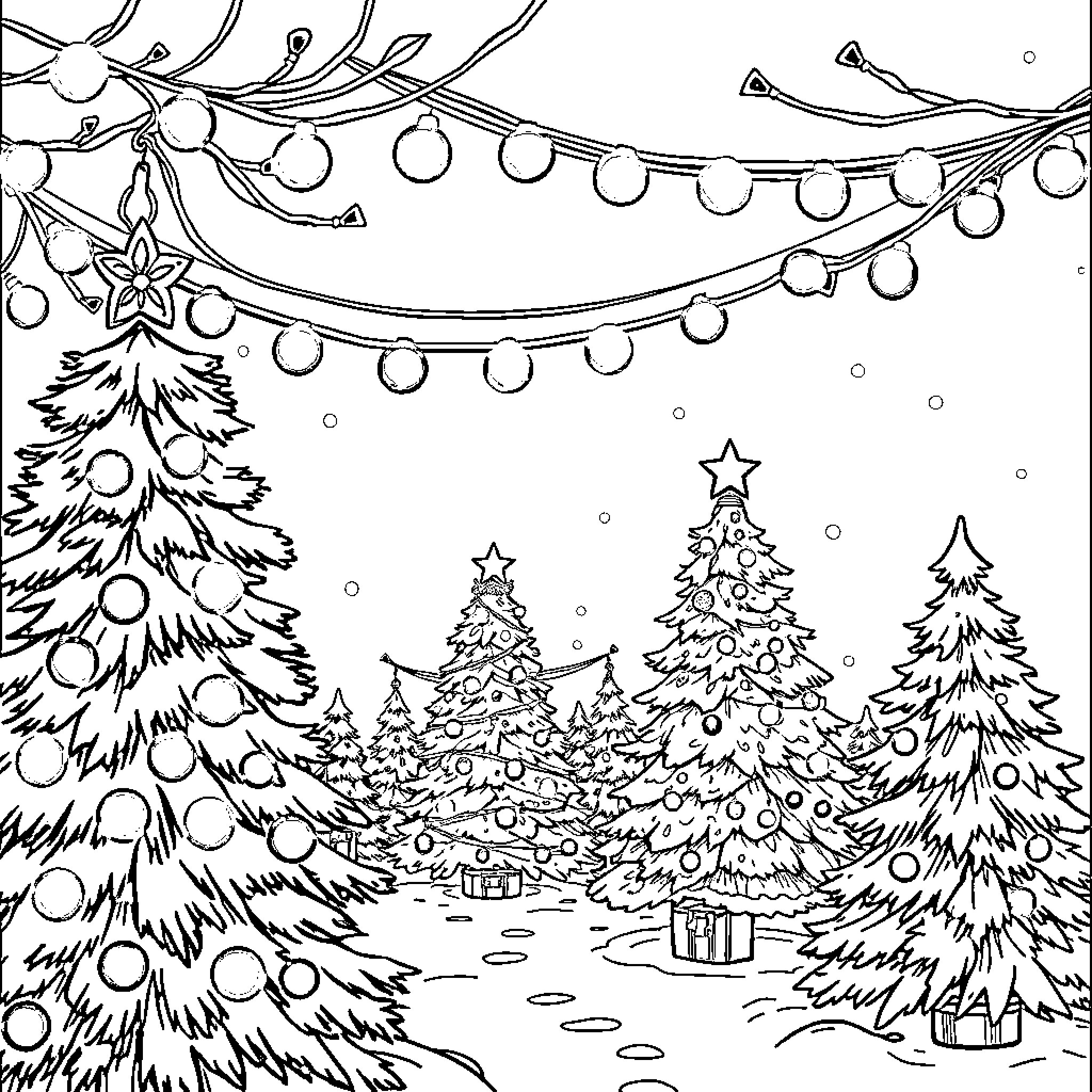 Christmas Celebration in the Snowy Forest Coloring Page (free black-and-white line drawing printable PDF for all, from beginners to advanced learners, including children, teens, adults, and seniors)