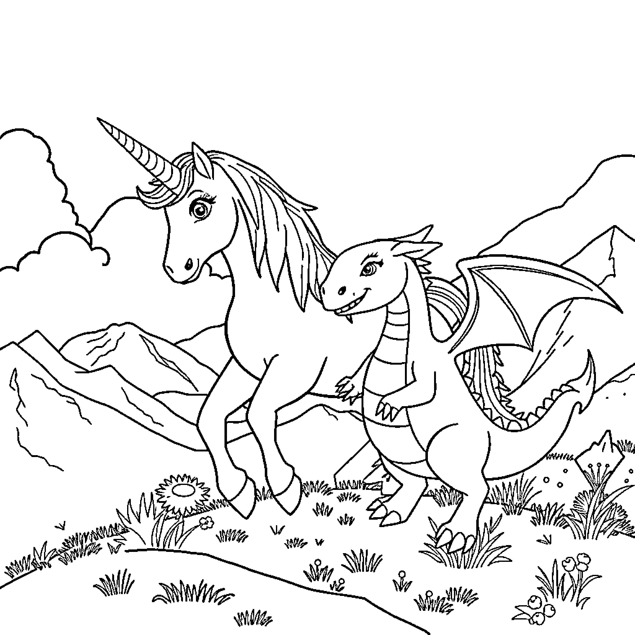 Unicorn and Dragon Playing in the Magical Landscape Coloring Page (free black-and-white line drawing printable PDF for all, from beginners to advanced learners, including children, teens, adults, and seniors)