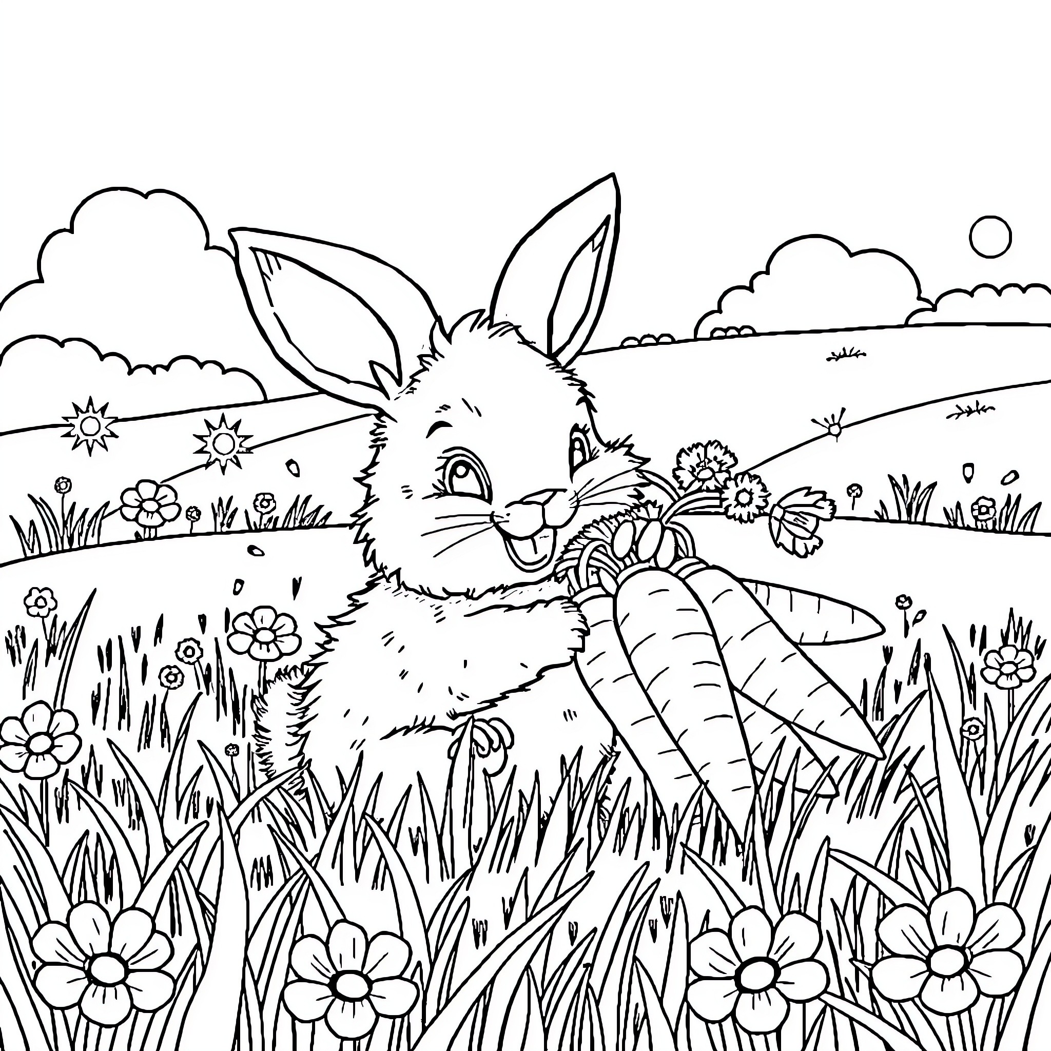 Rabbit enjoying a carrot in the meadow Coloring Page (free black-and-white line drawing printable PDF for all, from beginners to advanced learners, including children, teens, adults, and seniors)