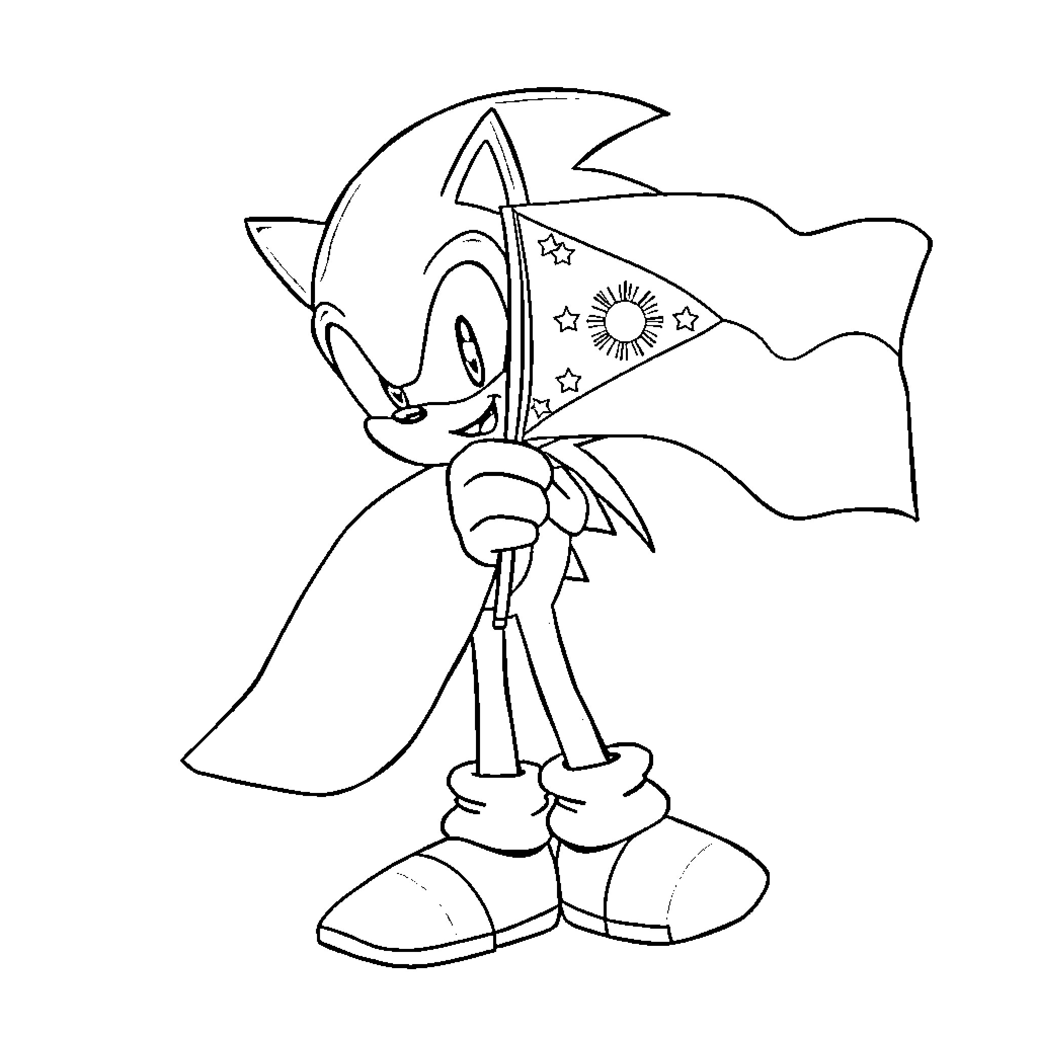 Sonic the Hedgehog in adventurous pose Coloring Page (free black-and-white line drawing printable PDF for all, from beginners to advanced learners, including children, teens, adults, and seniors)