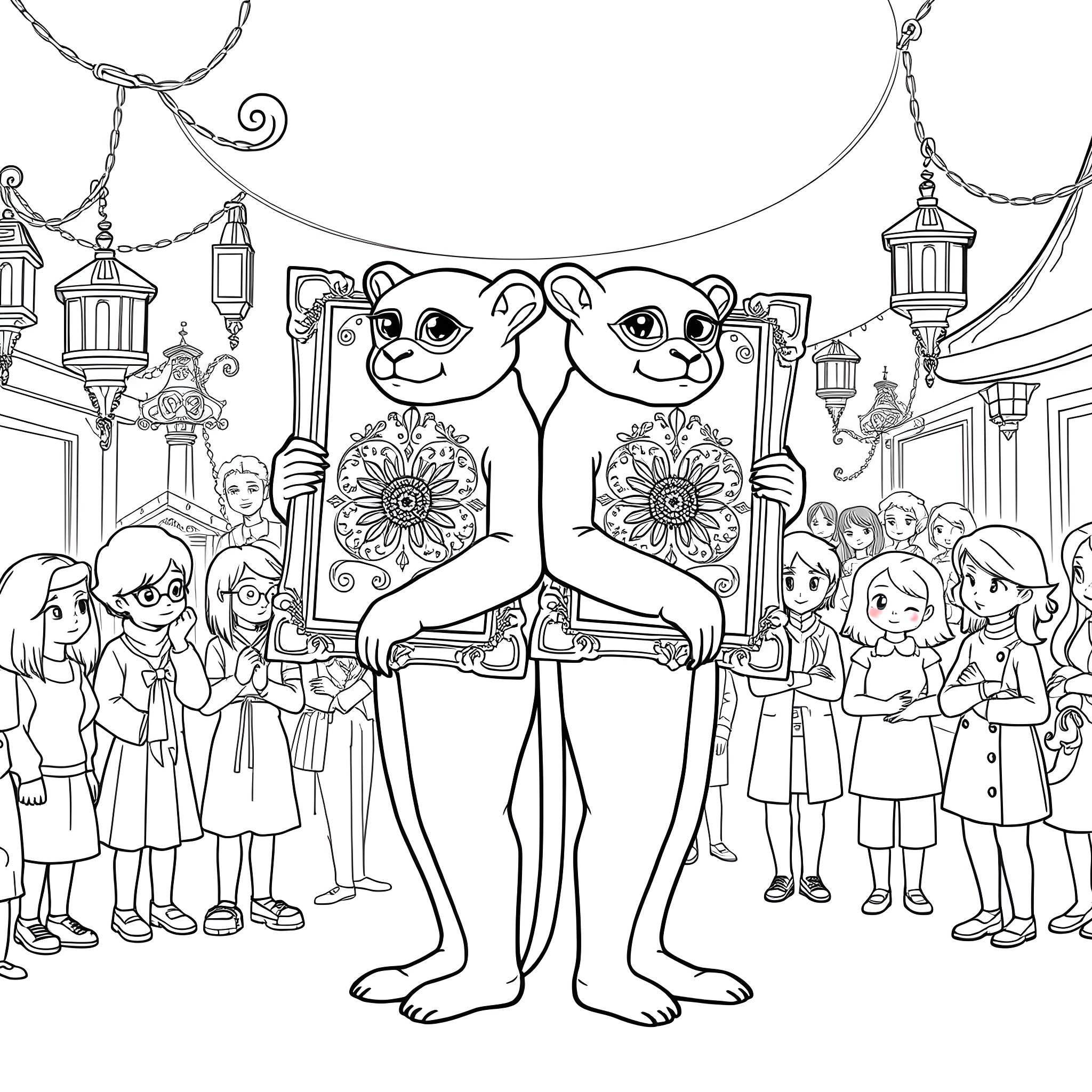 Siamese Twins in a Festive Parade Coloring Page (free black-and-white line drawing printable PDF for all, from beginners to advanced learners, including children, teens, adults, and seniors)