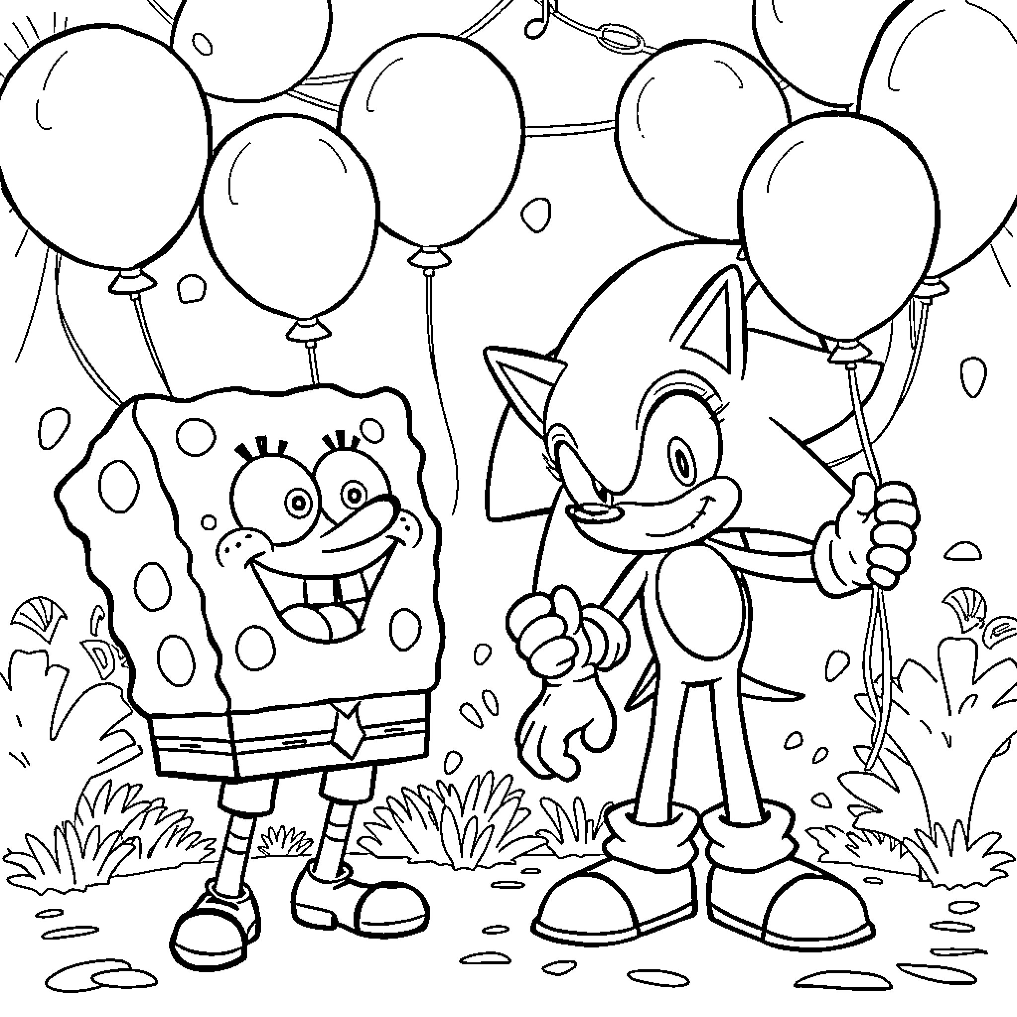 Spongebob and Sonic Enjoying Balloons Together Coloring Page (free black-and-white line drawing printable PDF for all, from beginners to advanced learners, including children, teens, adults, and seniors)