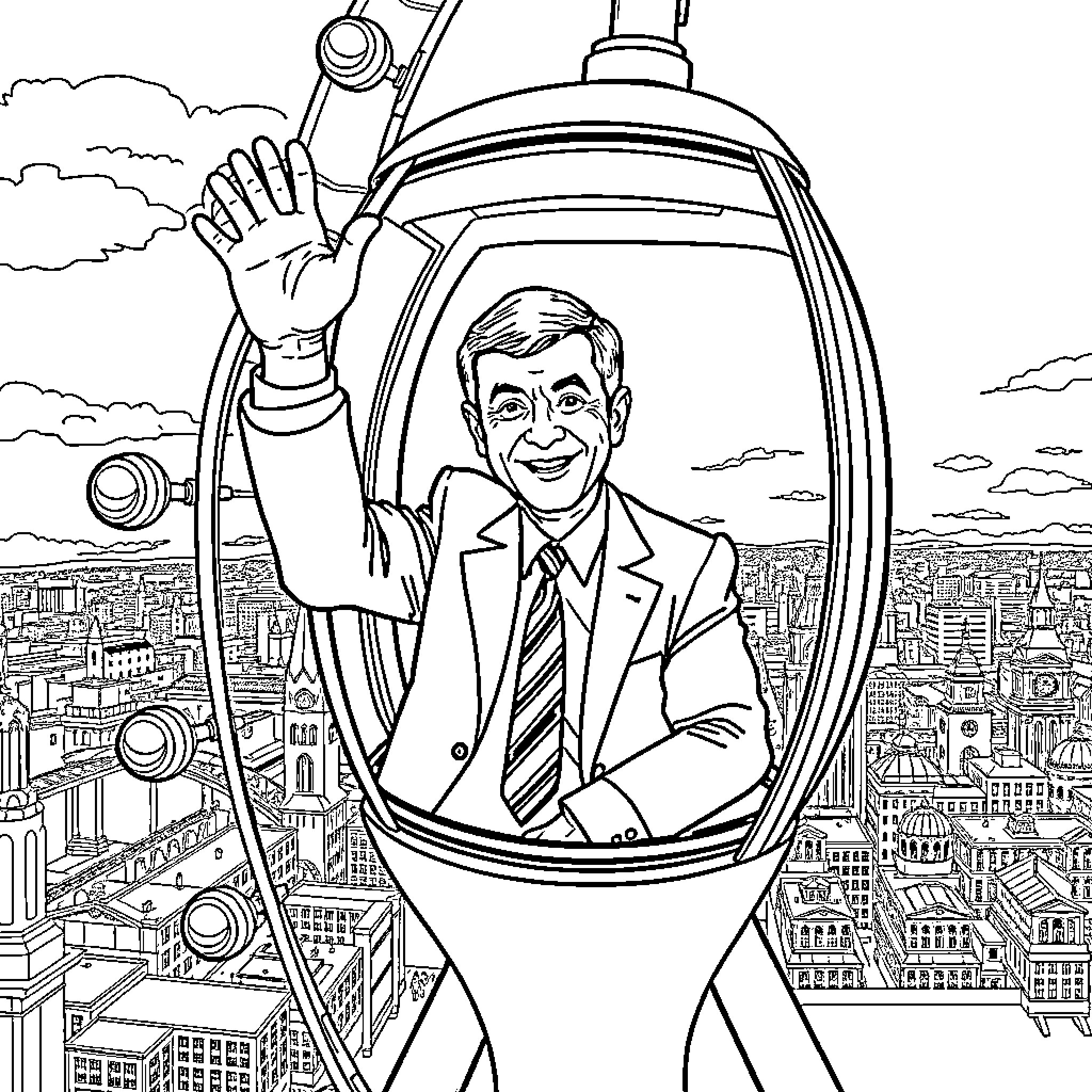 Mr Bean's Exciting Aerial Adventure Coloring Page (free black-and-white line drawing printable PDF for all, from beginners to advanced learners, including children, teens, adults, and seniors)