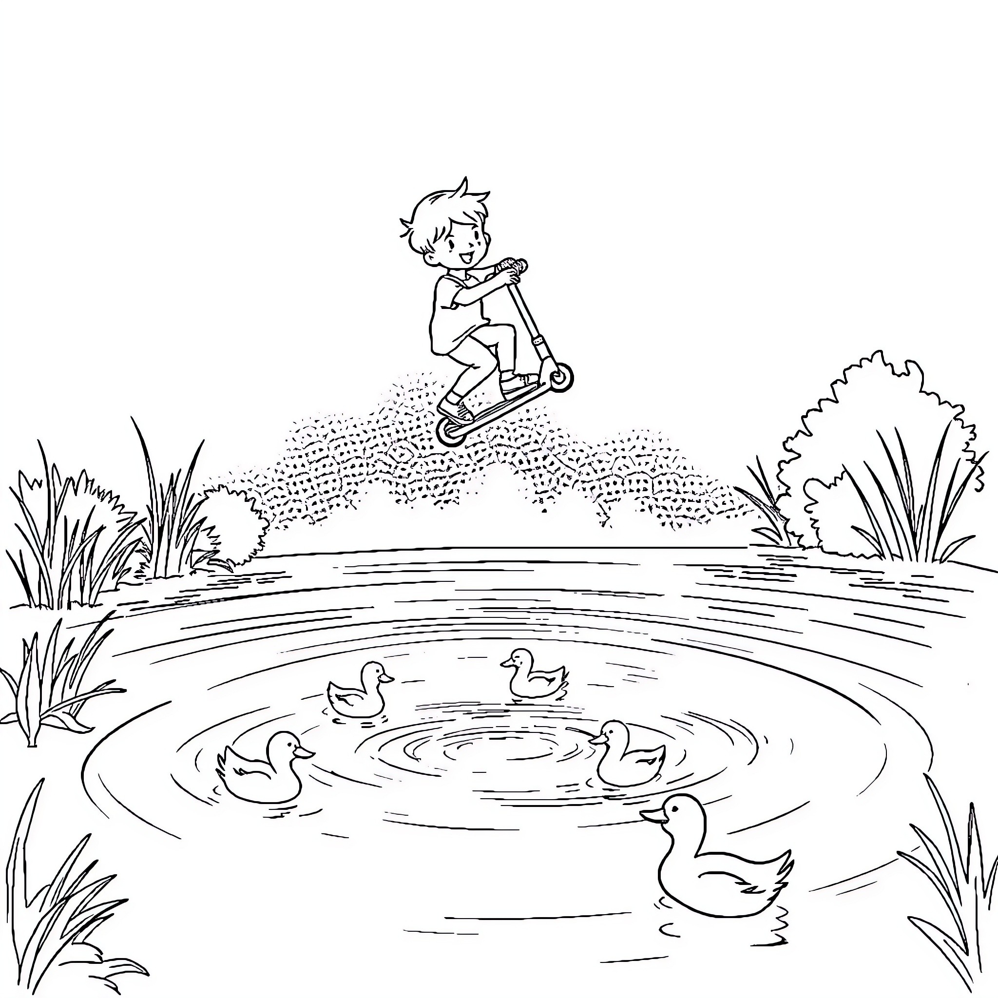 Kid riding scooter near a pond with ducks Coloring Page (free black-and-white line drawing printable PDF for all, from beginners to advanced learners, including children, teens, adults, and seniors)