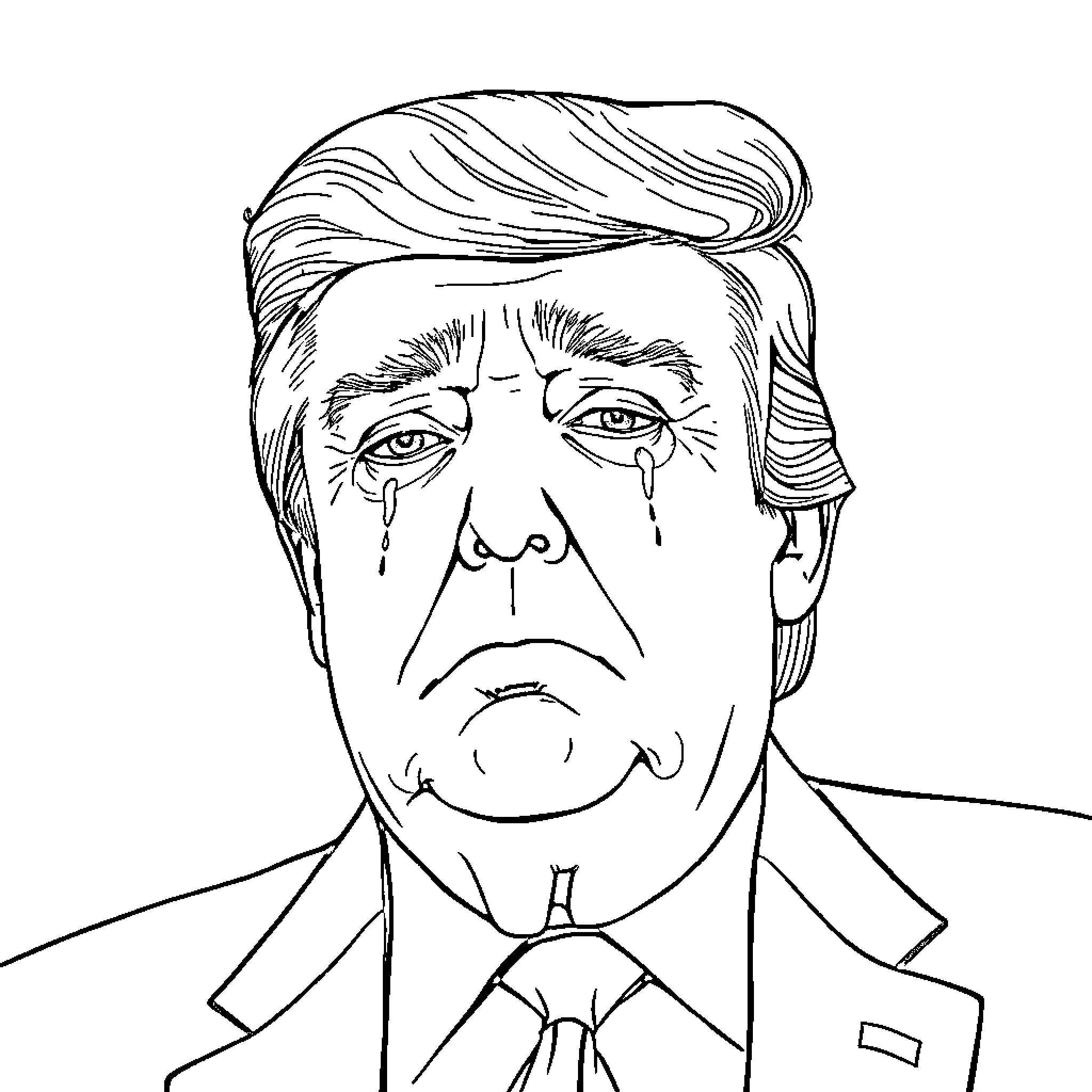 Trump displays distressed expression and tears Coloring Page (free black-and-white line drawing printable PDF for all, from beginners to advanced learners, including children, teens, adults, and seniors)