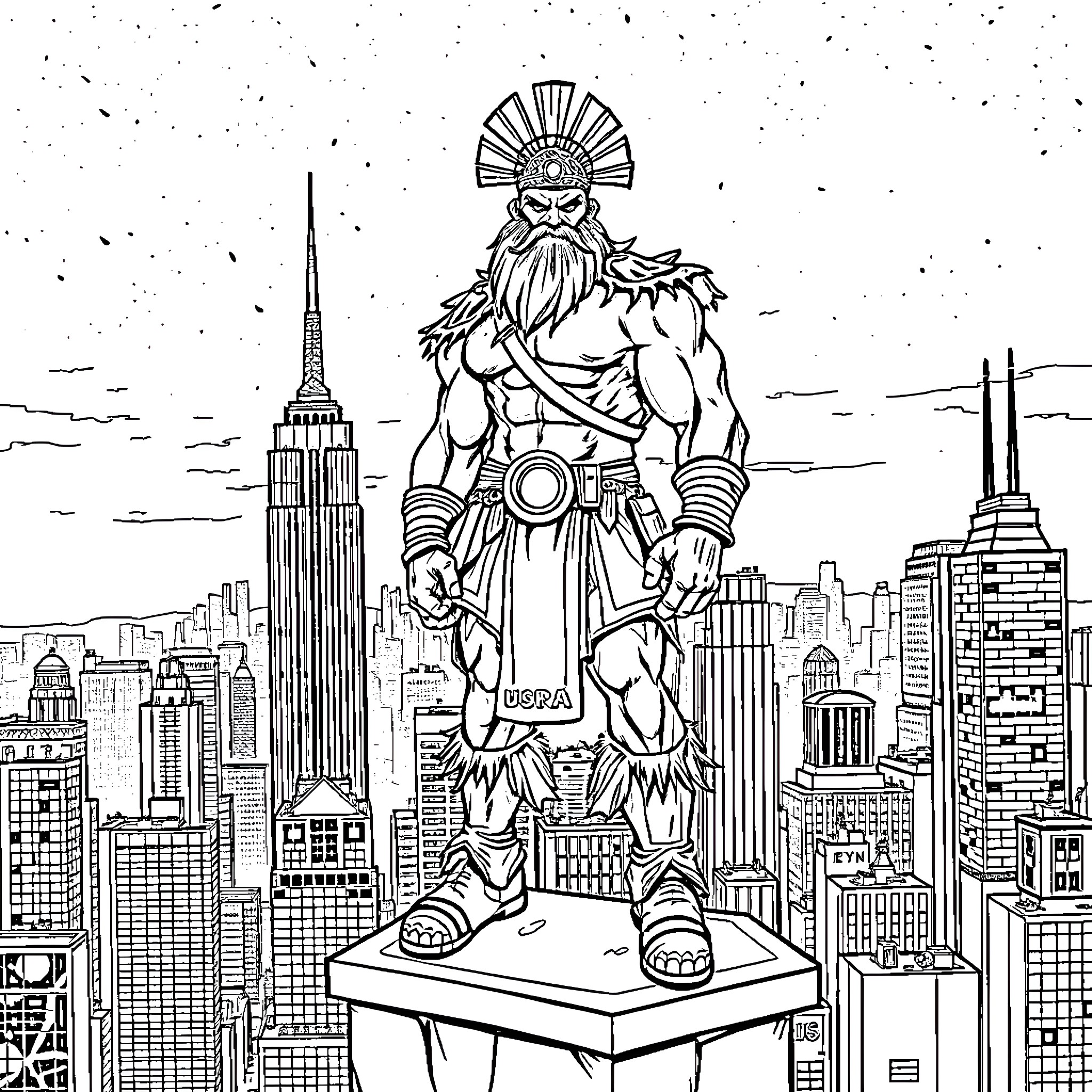 Barbarian warrior towering over a city skyline Coloring Page (free black-and-white line drawing printable PDF for all, from beginners to advanced learners, including children, teens, adults, and seniors)
