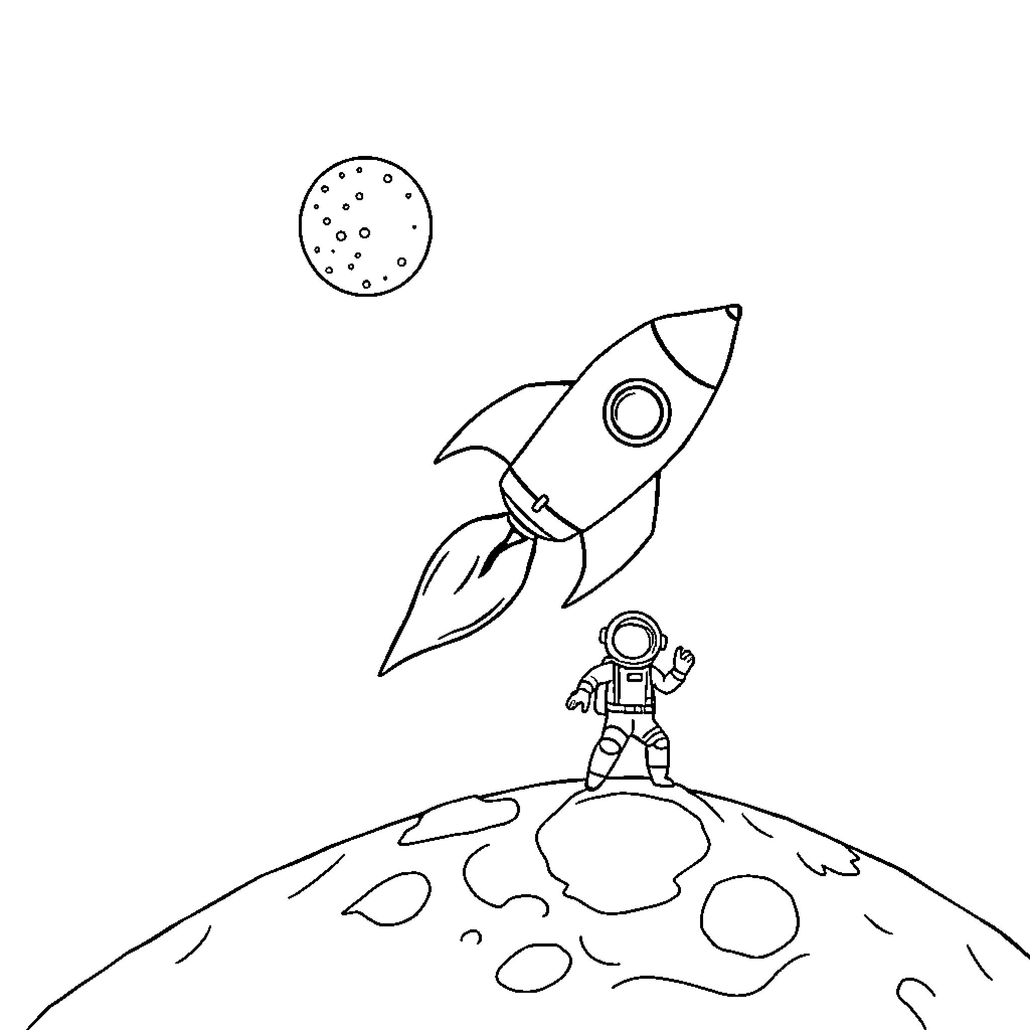 Rocket blasting off with astronaut on the moon Coloring Page (free black-and-white line drawing printable PDF for all, from beginners to advanced learners, including children, teens, adults, and seniors)