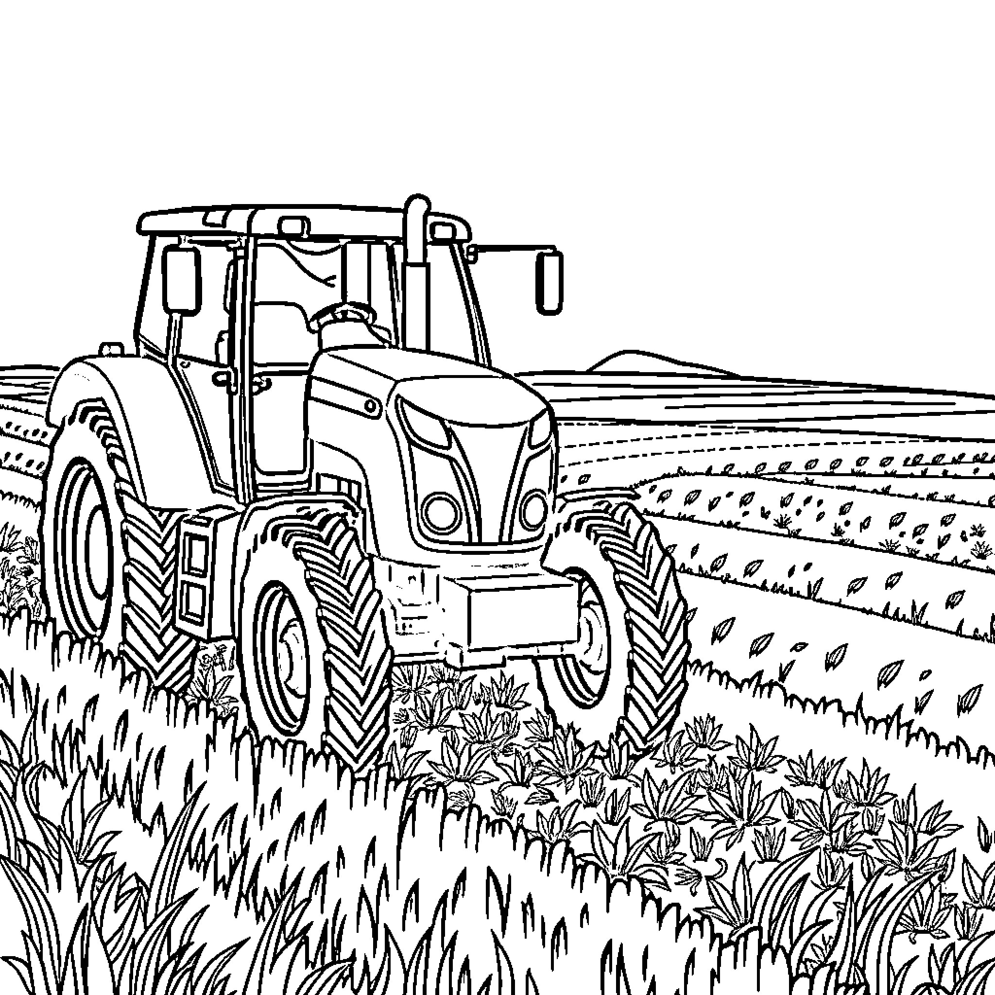 Tractor plowing through grassy field Coloring Page (free black-and-white line drawing printable PDF for all, from beginners to advanced learners, including children, teens, adults, and seniors)