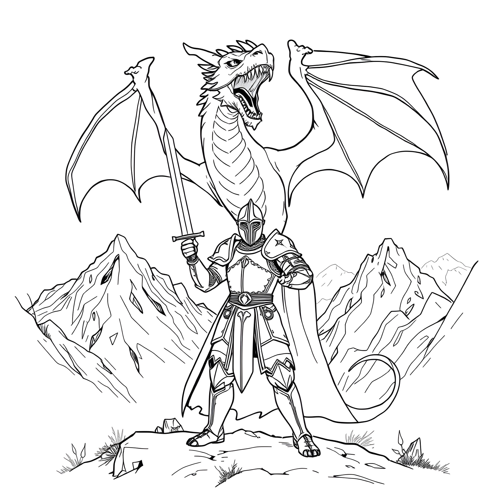 Knight Wielding Sword and Battling Fierce Dragon Coloring Page (free black-and-white line drawing printable PDF for all, from beginners to advanced learners, including children, teens, adults, and seniors)