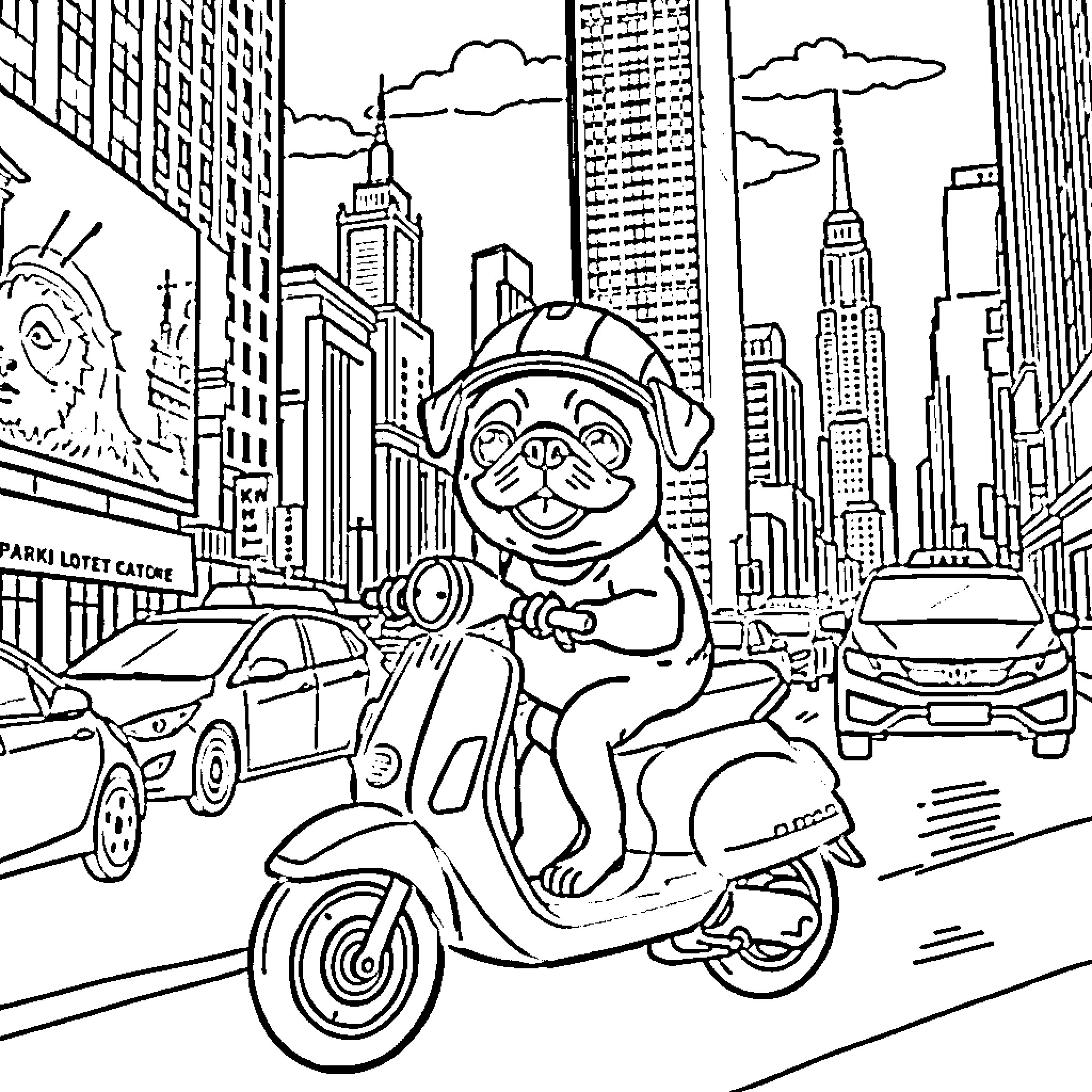 Pug riding a scooter through the city Coloring Page (free black-and-white line drawing printable PDF for all, from beginners to advanced learners, including children, teens, adults, and seniors)