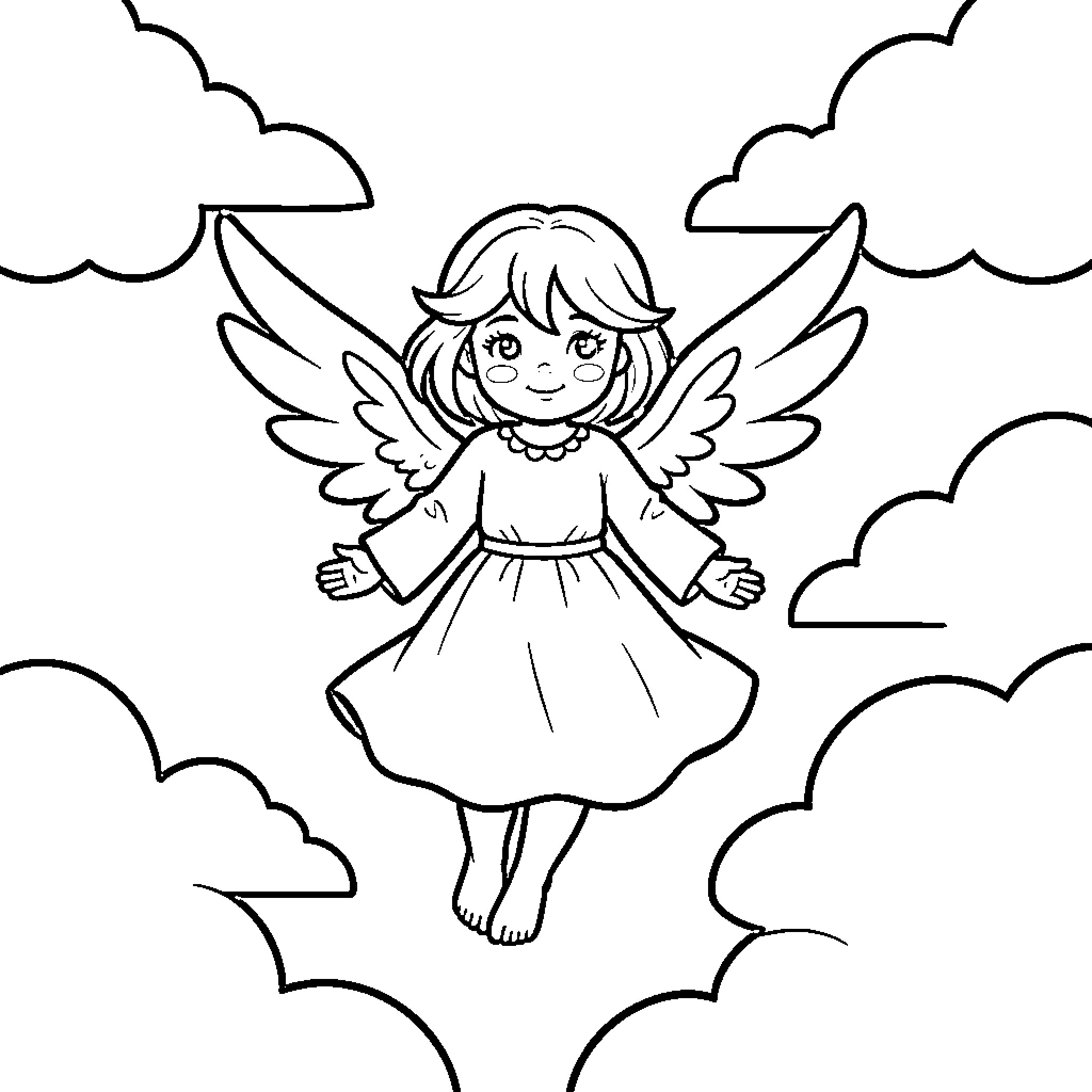 Angel smiling joyfully while floating among the clouds Coloring Page (free black-and-white line drawing printable PDF for all, from beginners to advanced learners, including children, teens, adults, and seniors)