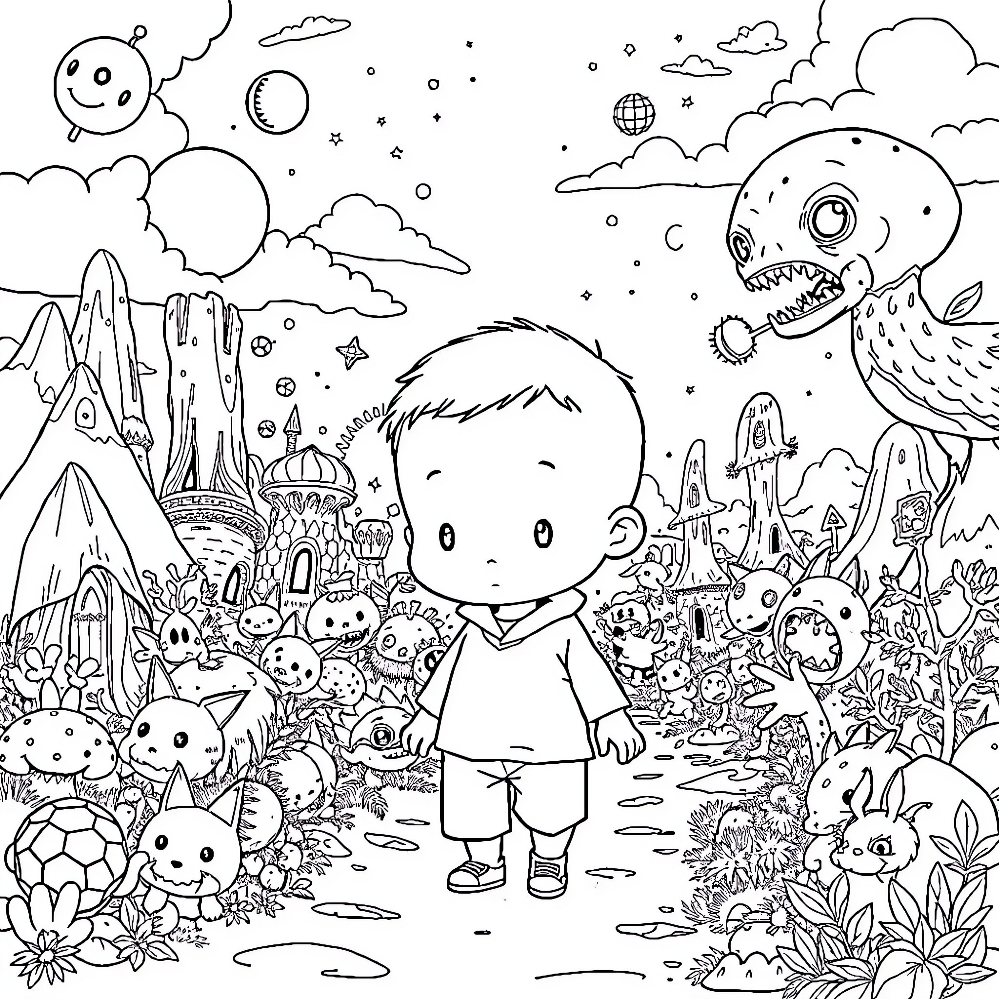 Omori's Whimsical World: An Imaginative Adventure Coloring Page (free black-and-white line drawing printable PDF for all, from beginners to advanced learners, including children, teens, adults, and seniors)