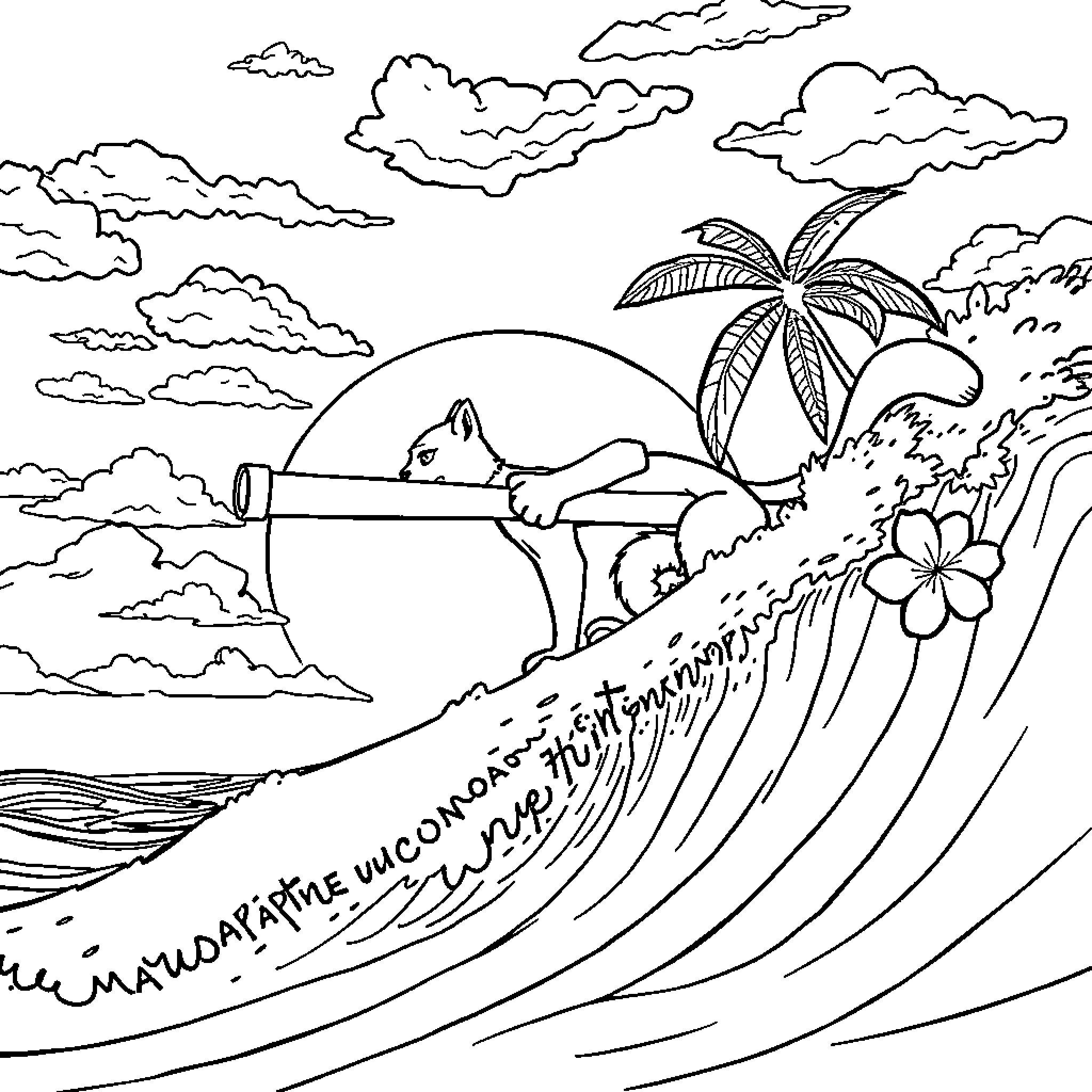 Cougar surfing the majestic ocean waves Coloring Page (free black-and-white line drawing printable PDF for all, from beginners to advanced learners, including children, teens, adults, and seniors)