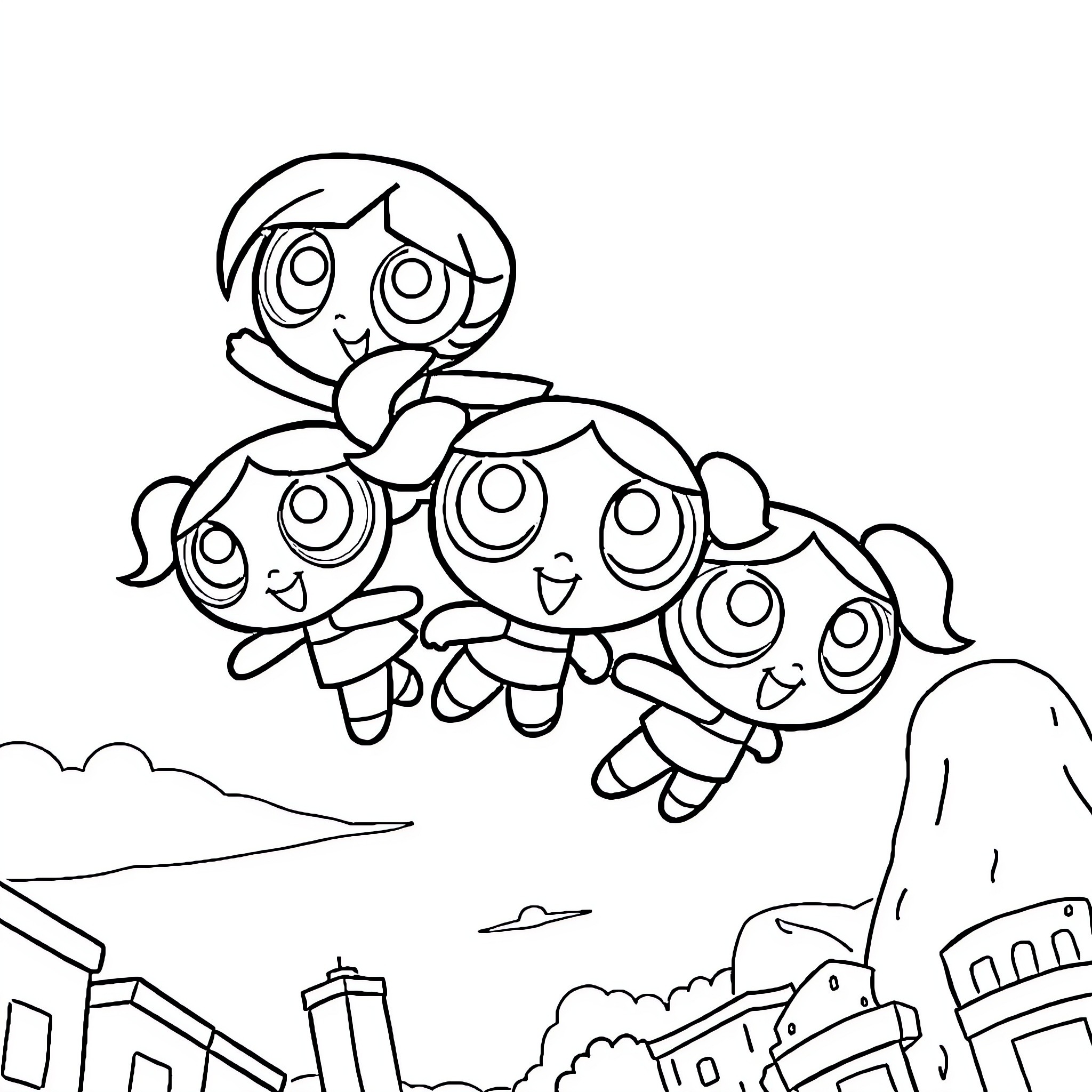 Powerpuff Girls flying over the city Coloring Page (free black-and-white line drawing printable PDF for all, from beginners to advanced learners, including children, teens, adults, and seniors)