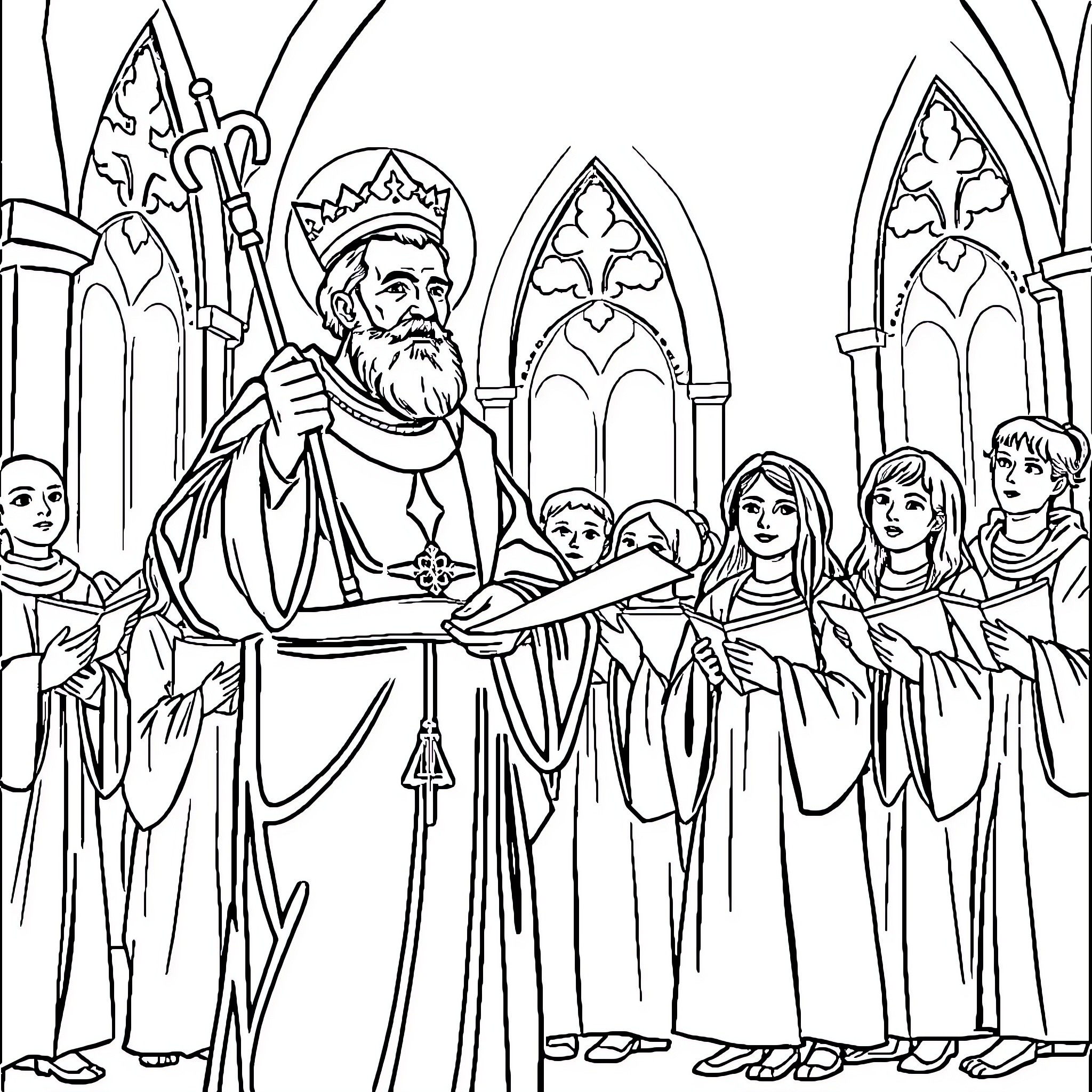 Saint Joe Presiding Over a Congregation in Church Coloring Page (free black-and-white line drawing printable PDF for all, from beginners to advanced learners, including children, teens, adults, and seniors)