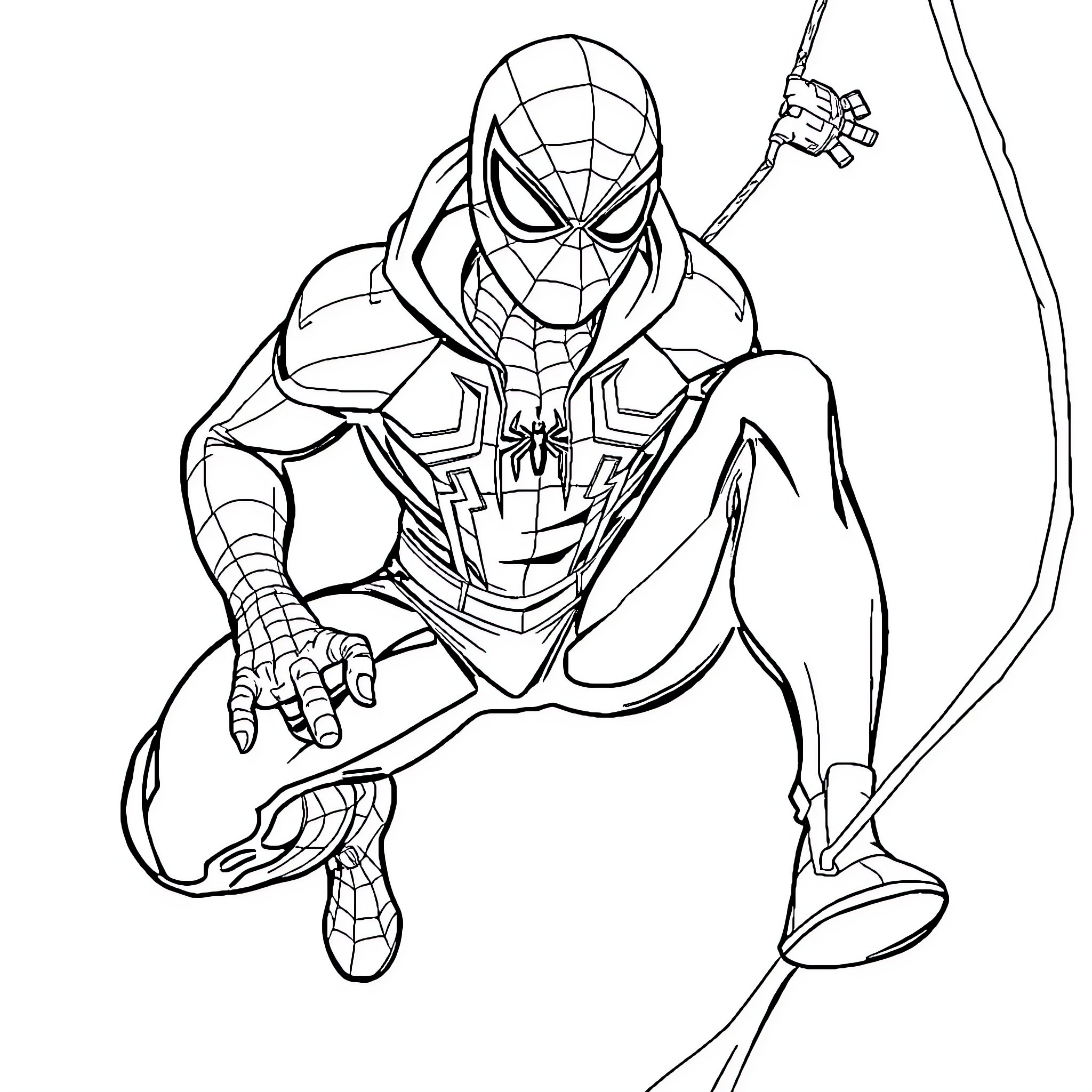 Spider-Man swinging into action with heroic pose Coloring Page (free black-and-white line drawing printable PDF for all, from beginners to advanced learners, including children, teens, adults, and seniors)