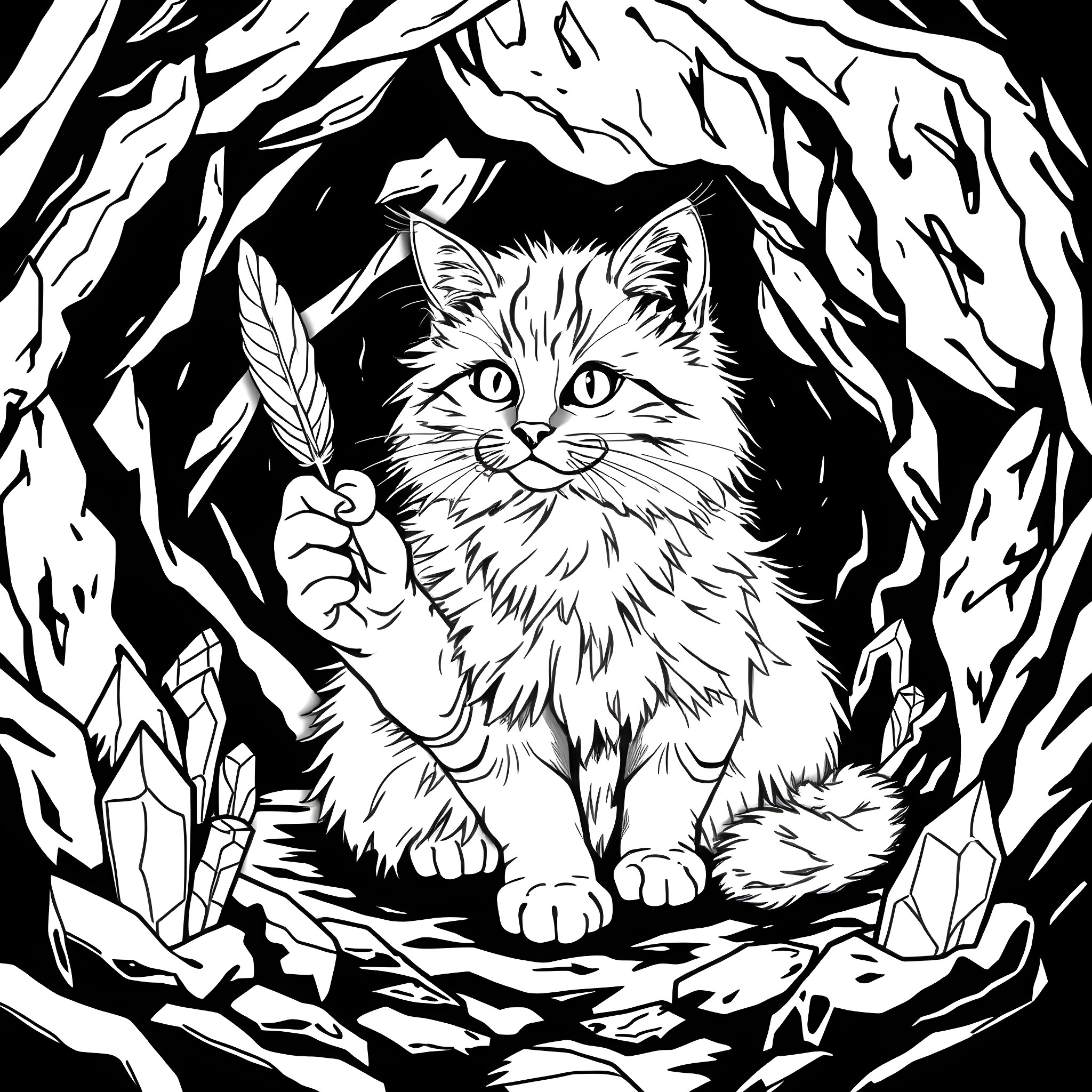 Maine Coon Cat Surrounded by Crystals and Feathers Coloring Page (free black-and-white line drawing printable PDF for all, from beginners to advanced learners, including children, teens, adults, and seniors)