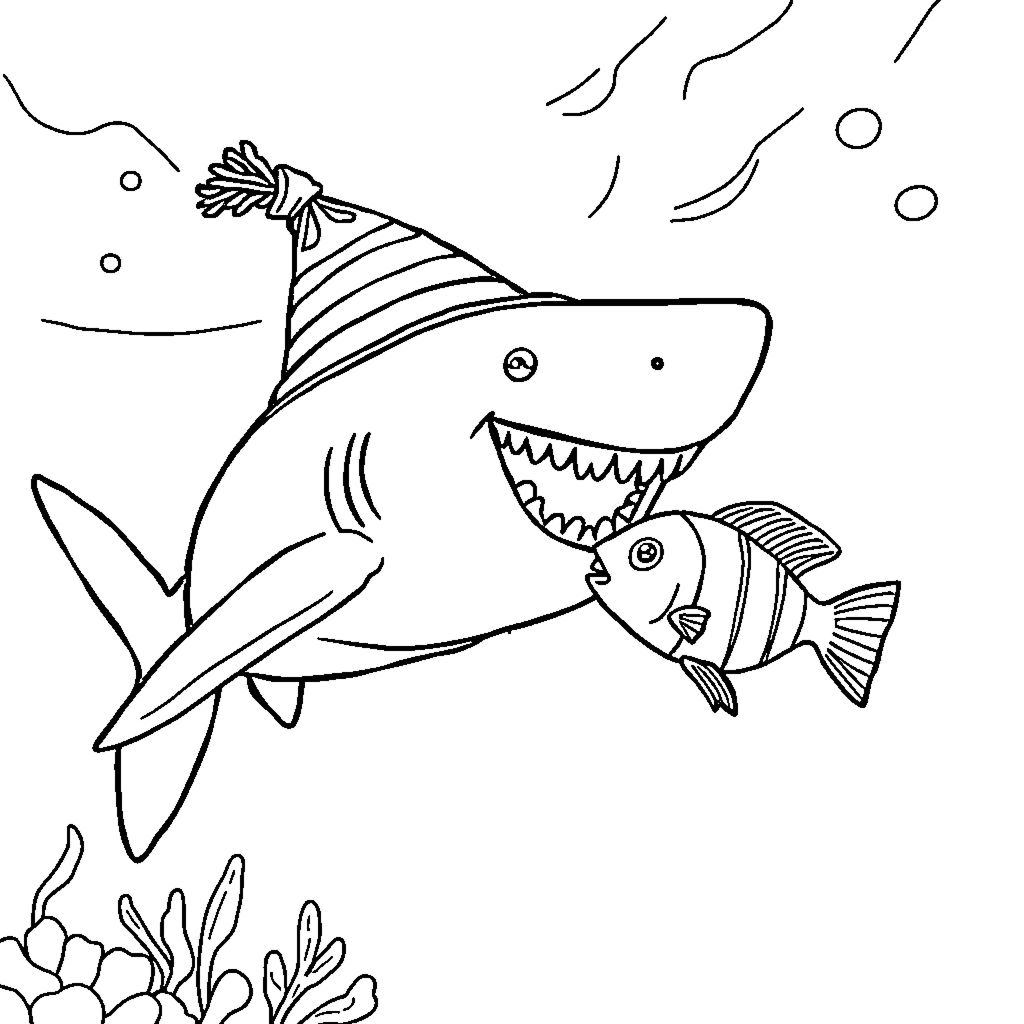 Shark wearing party hat with fish companion Coloring Page (free black-and-white line drawing printable PDF for all, from beginners to advanced learners, including children, teens, adults, and seniors)